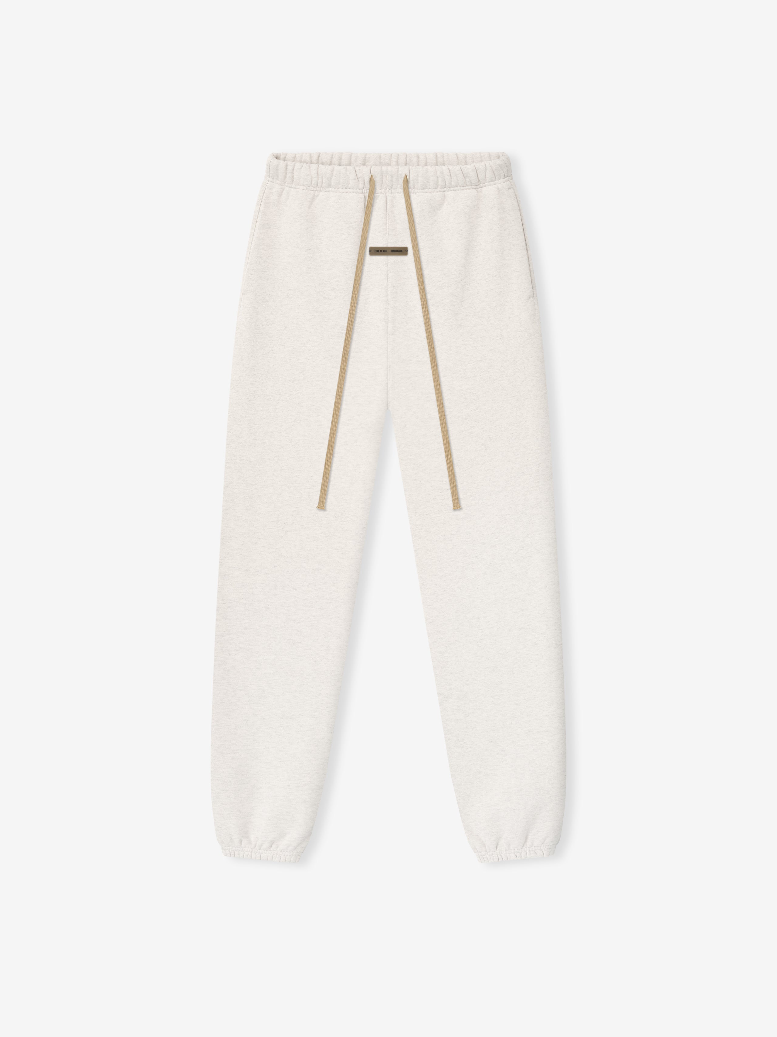 Straight flat lay of oatmeal heather Classic Sweatpant with long beige drawstrings on a white background
