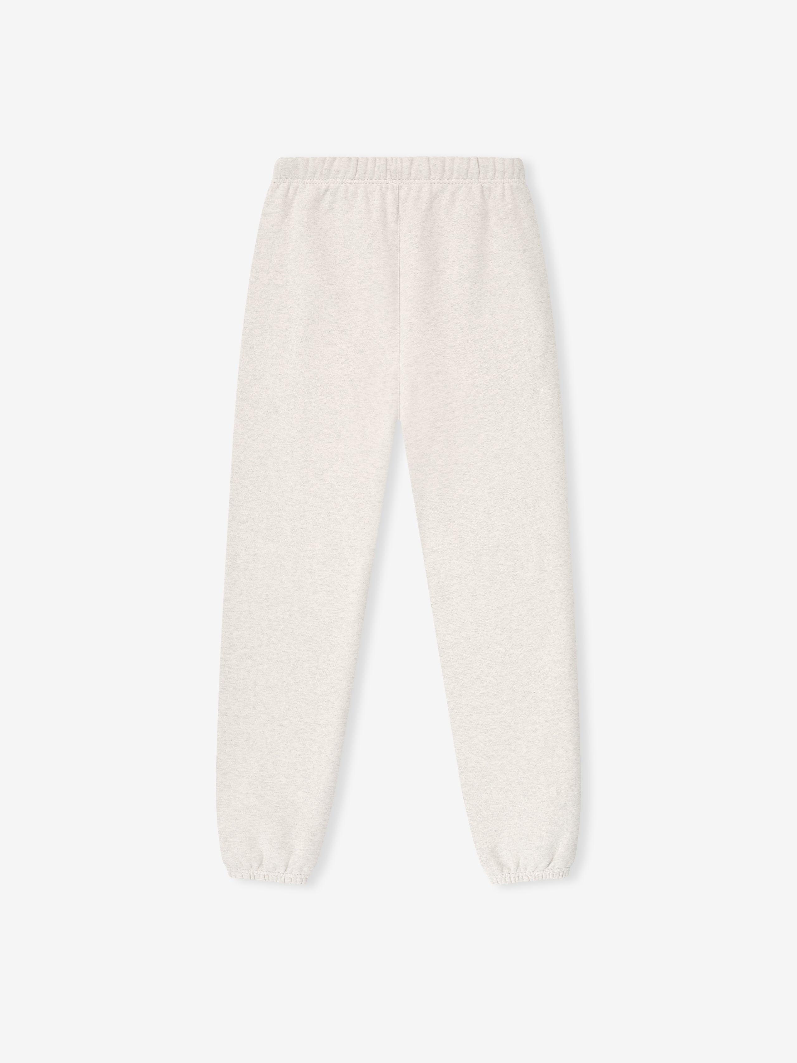 Flat lay of oatmeal heather Classic Sweatpant with elastic cuffs and waistband on plain white background