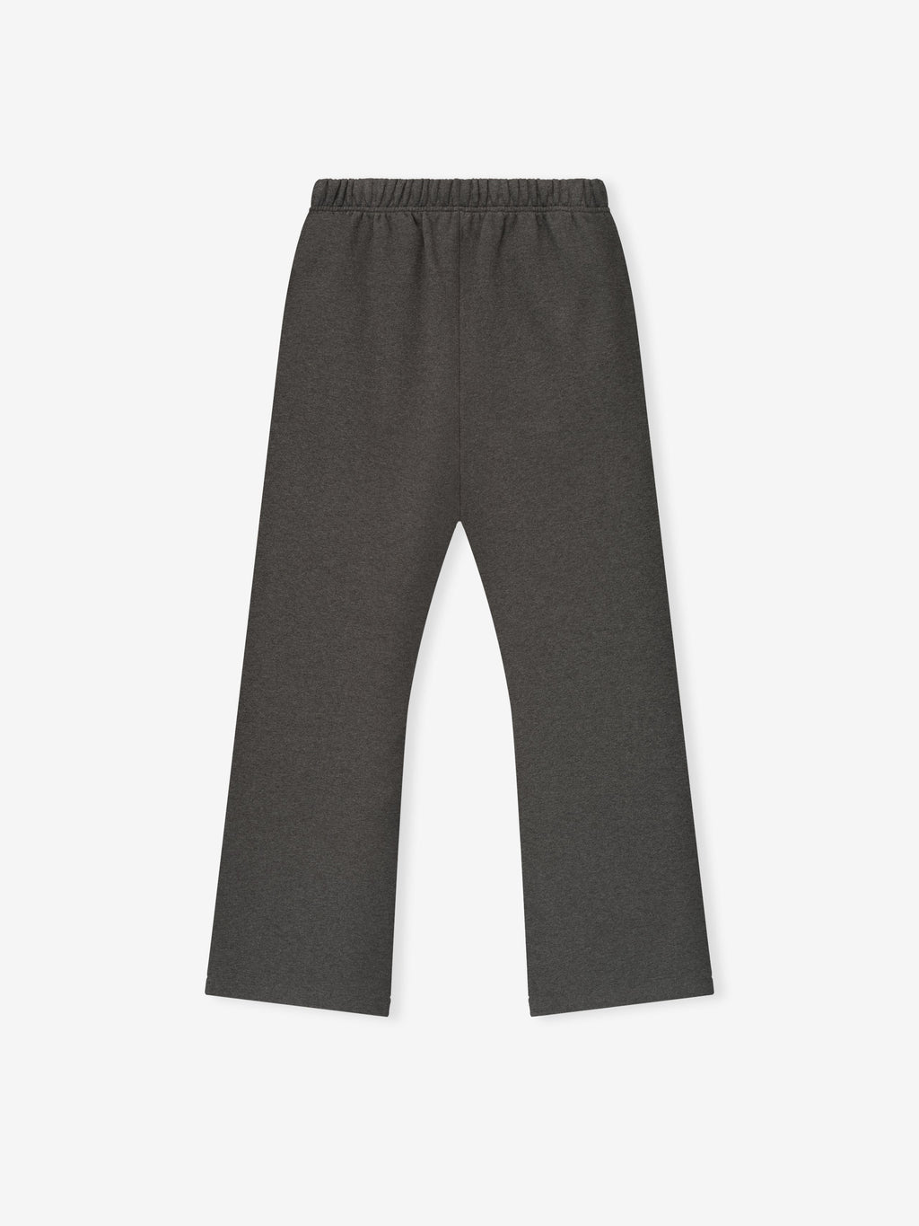 Back view of charcoal heather flare sweatpant with elastic waistband and wide leg silhouette on white background