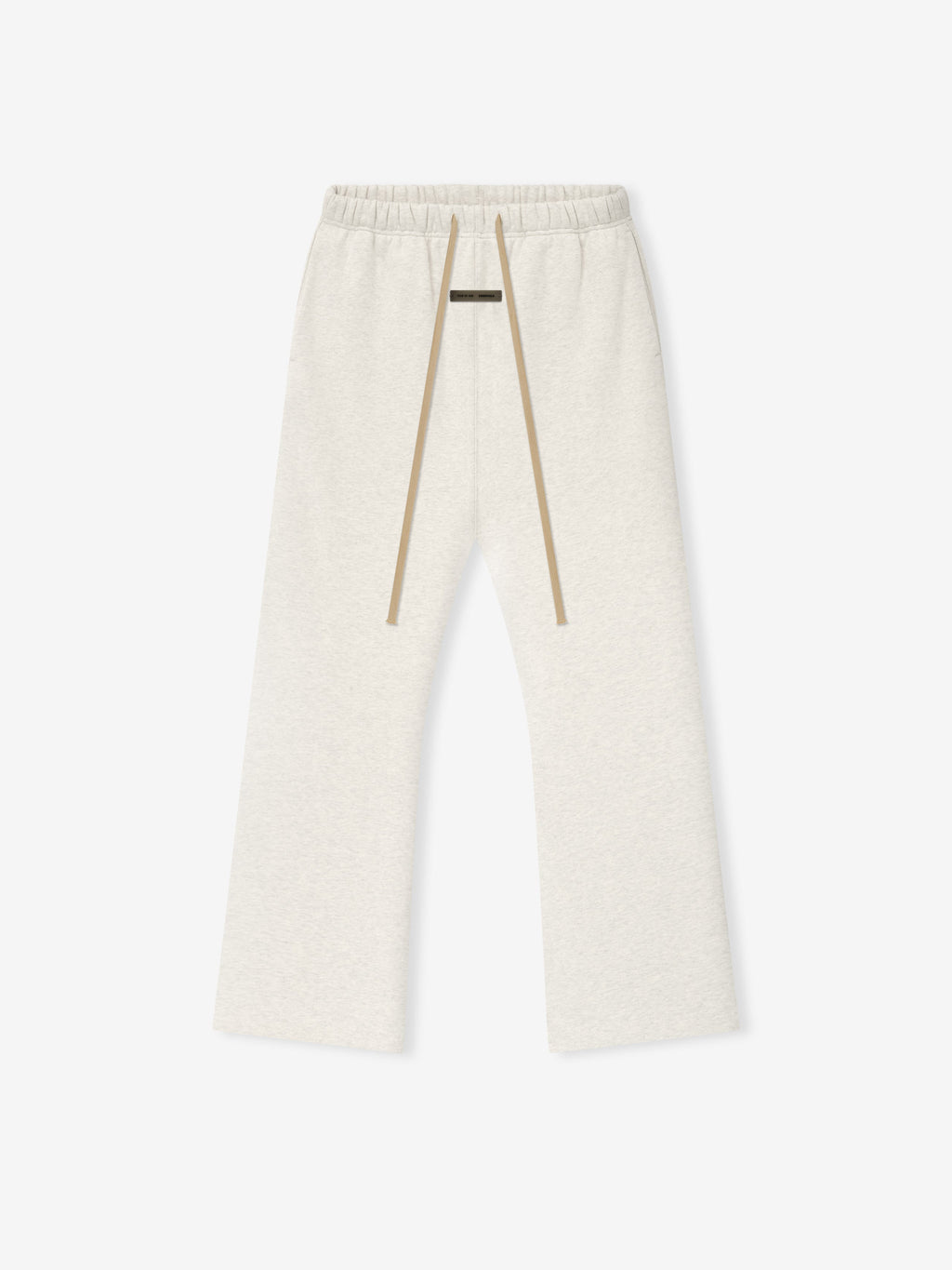 Top-down flat lay of oatmeal heather Flare Sweatpant with elastic waistband and long beige drawstrings, gallery image 0