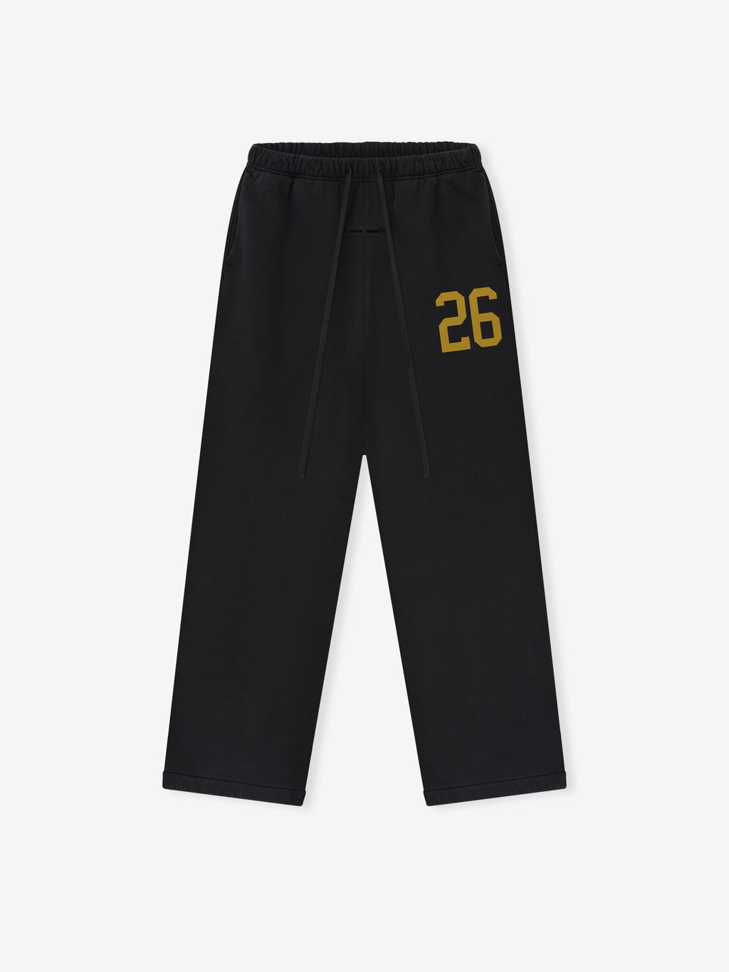 Flat lay of vintage black Lounge Sweatpant with elastic waistband and gold "26" print, gallery image 0
