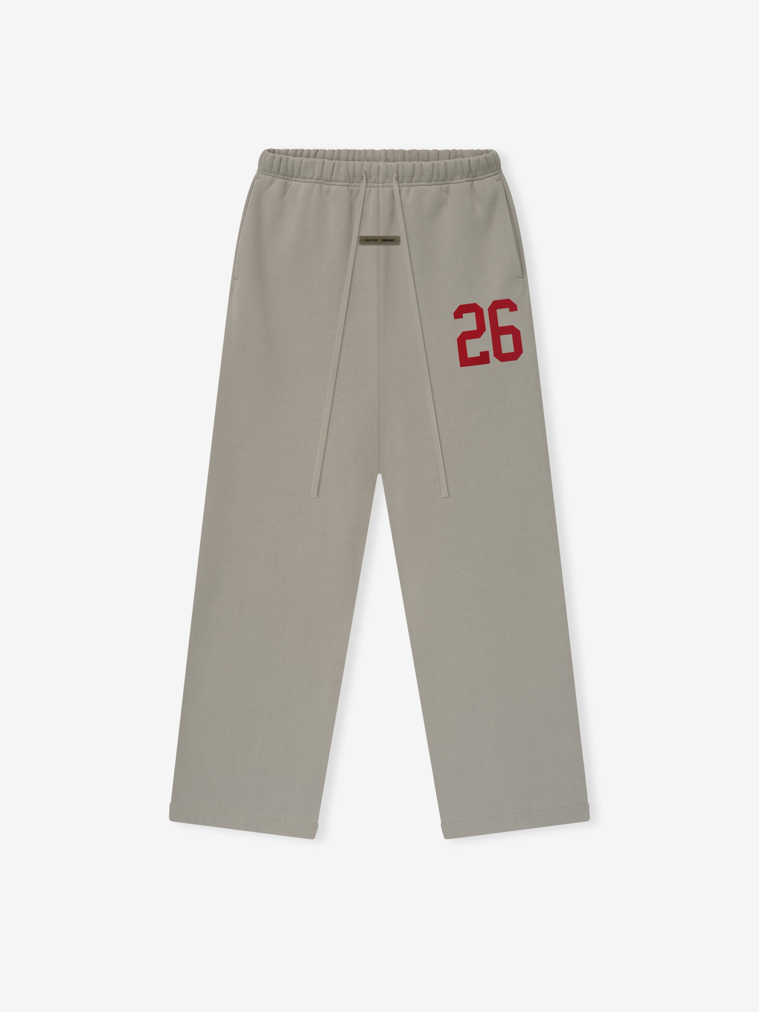 Front view of smoke grey lounge sweatpant with elastic waistband, long drawstrings, and red number 26 on thigh