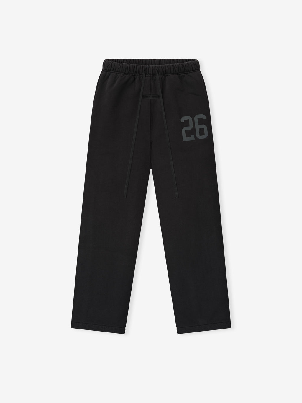 Vintage black heavy fleece sweatpant with elastic waistband, drawstrings, and subtle embossed number 26 on left thigh front view