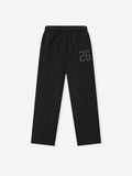 Vintage black heavy fleece sweatpant with elastic waistband, drawstrings, and subtle embossed number 26 on left thigh front view
