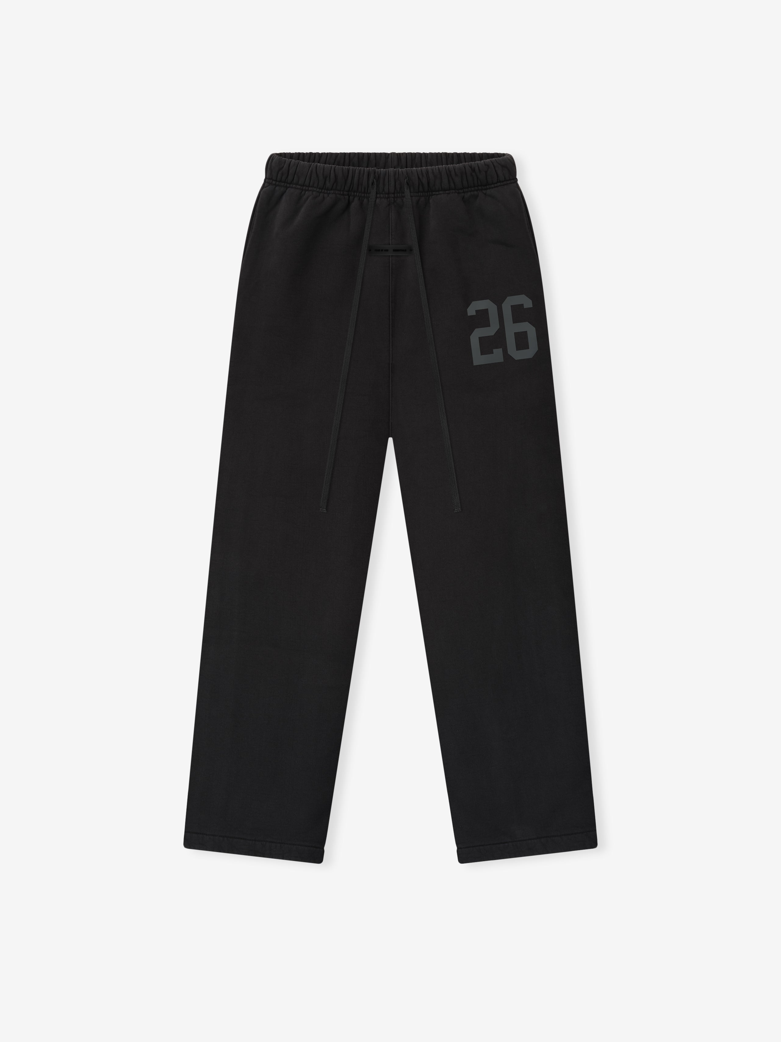 Vintage black heavy fleece sweatpant with elastic waistband, drawstrings, and subtle embossed number 26 on left thigh front view