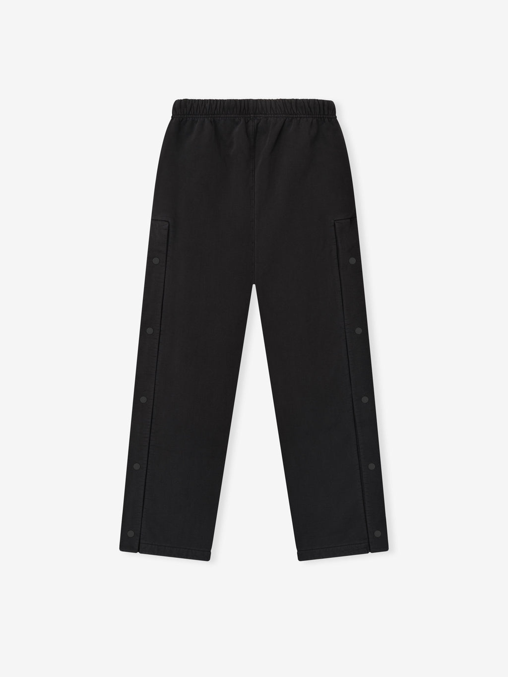 Flat lay of vintage black heavy fleece tearaway sweatpant with snap button side seams and elastic waistband