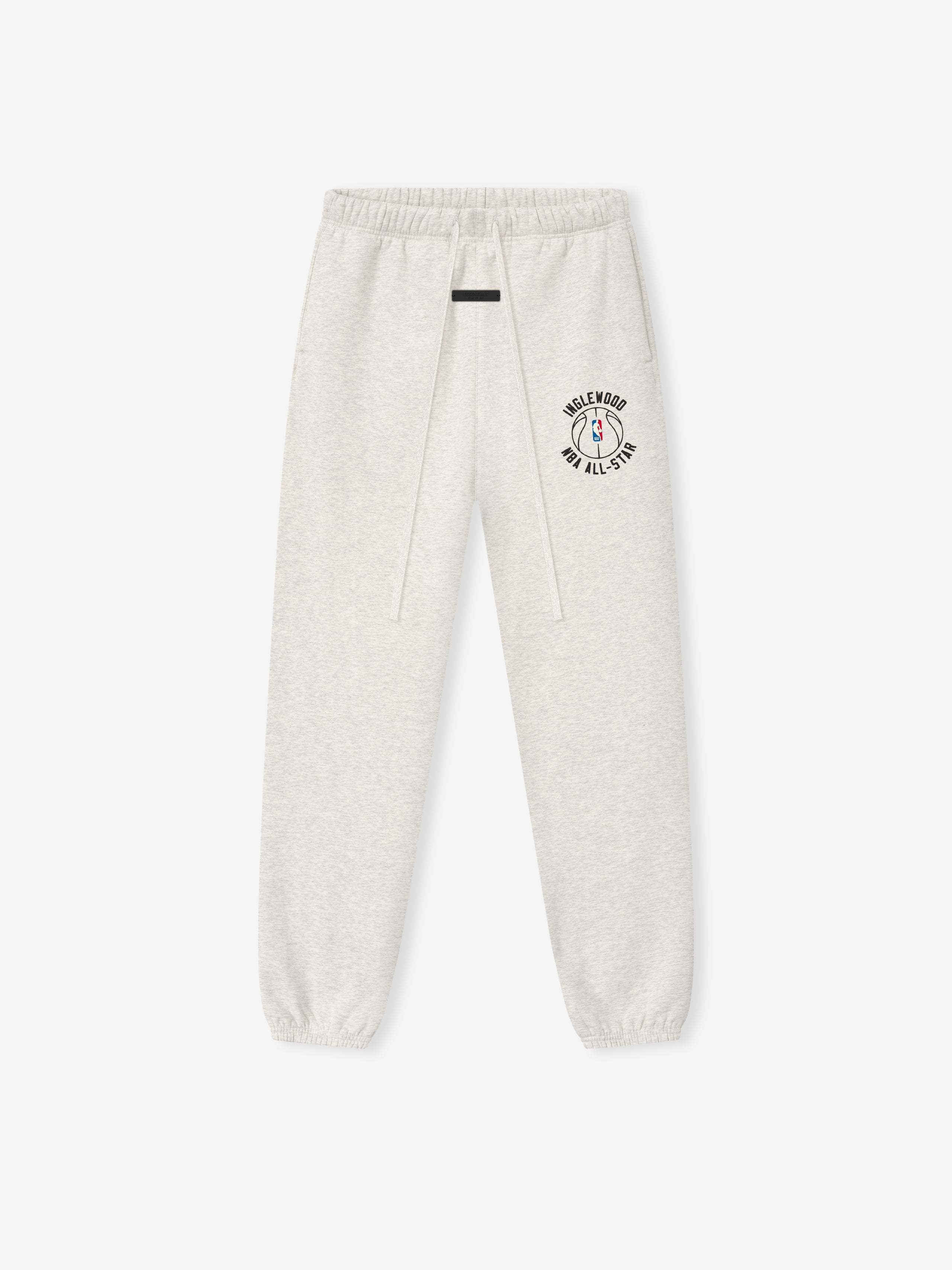 off-white heavyweight cotton fleece sweatpants with elastic cuffs and Inglewood NBA All-Star logo on thigh