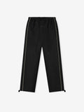 black relaxed fit suede fleece pants with slim piping detail and drawstring waistband