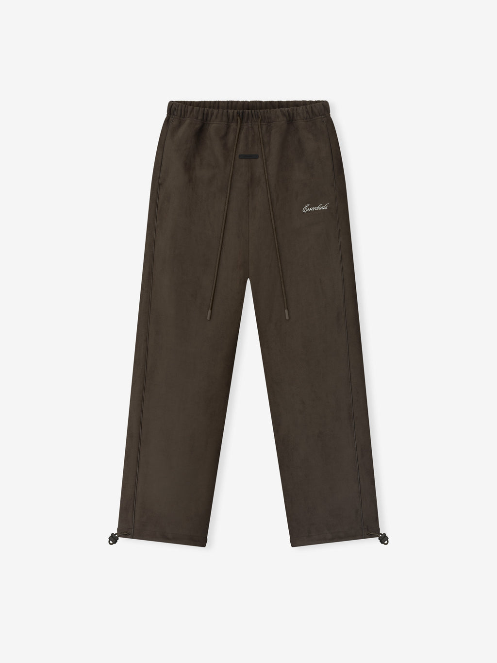 Brown pants with a white essentials signature logo on a white background