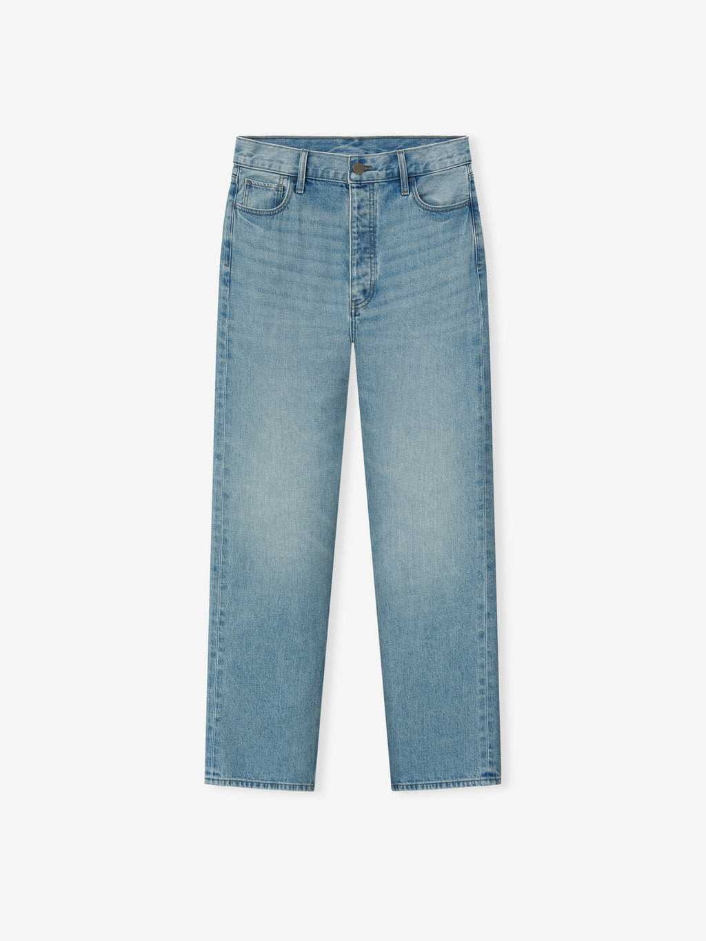 light blue straight leg denim jeans with vintage wash and classic five-pocket design