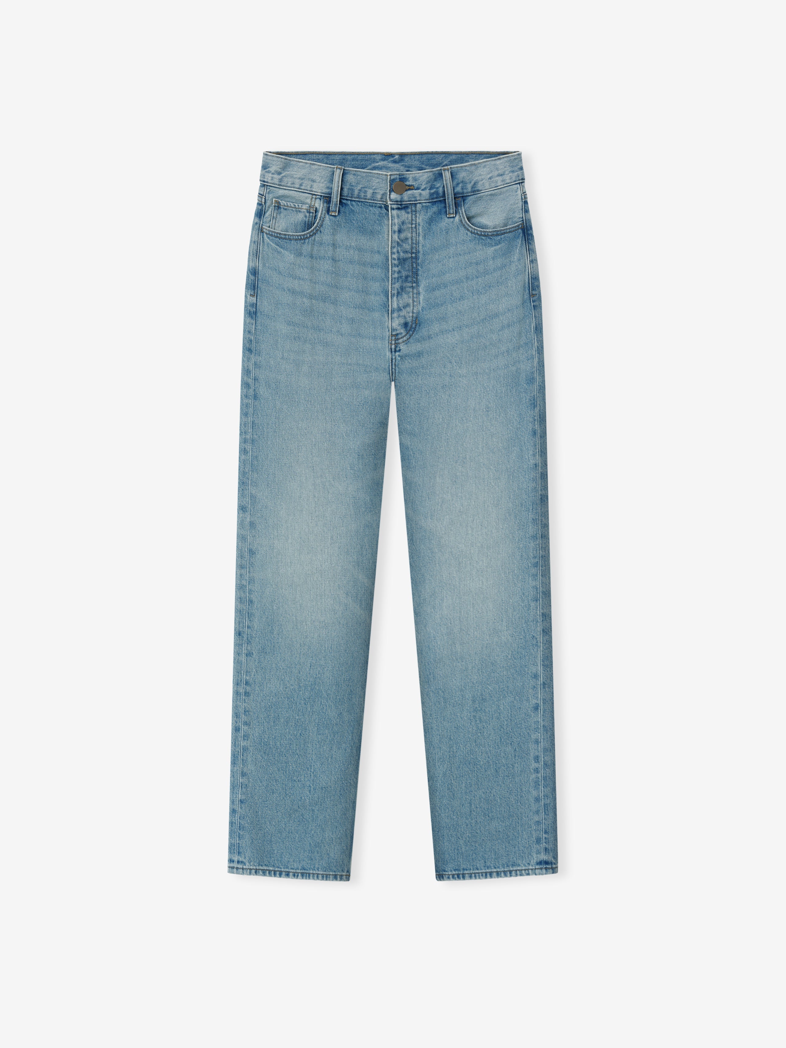 light blue straight leg denim jeans with vintage wash and classic five-pocket design