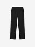 black textured nylon 5-pocket pants with straight leg cut, antique brass hardware, and minimalist Essentials black bar detail