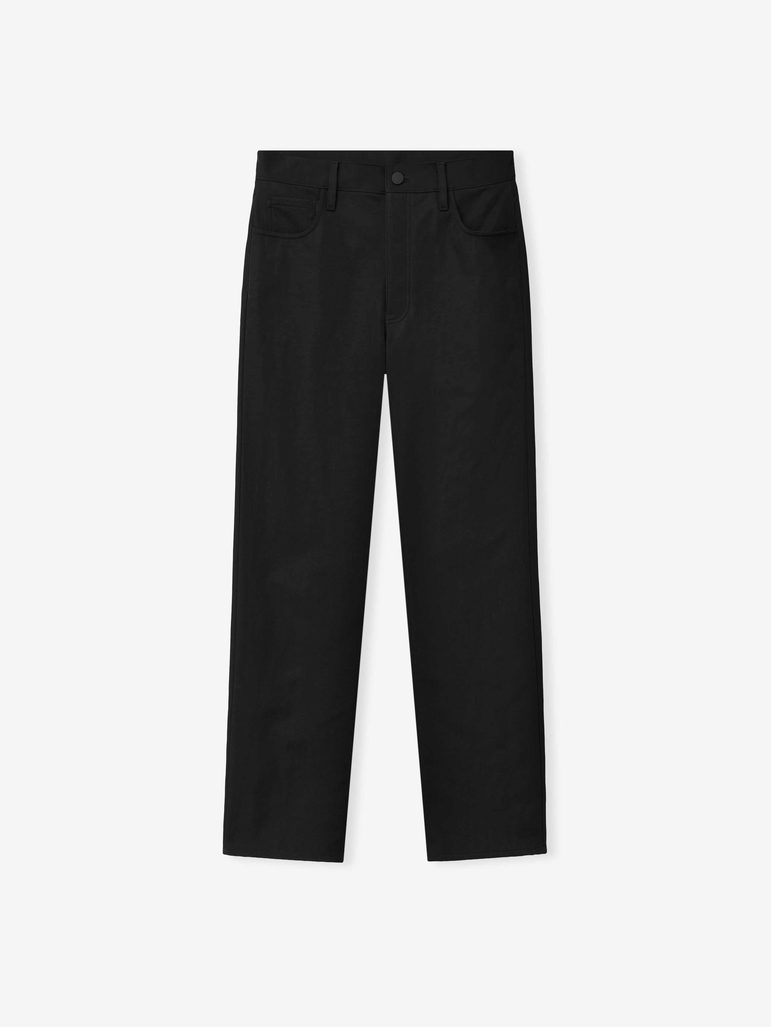 black textured nylon 5-pocket pants with straight leg cut, antique brass hardware, and minimalist Essentials black bar detail