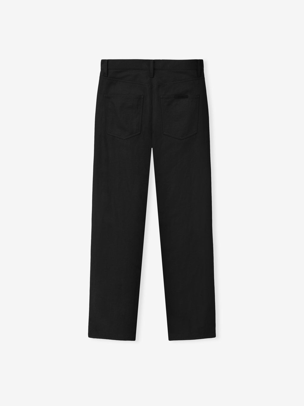 black textured nylon 5-pocket pants with straight leg and subtle back pocket stitching detailing