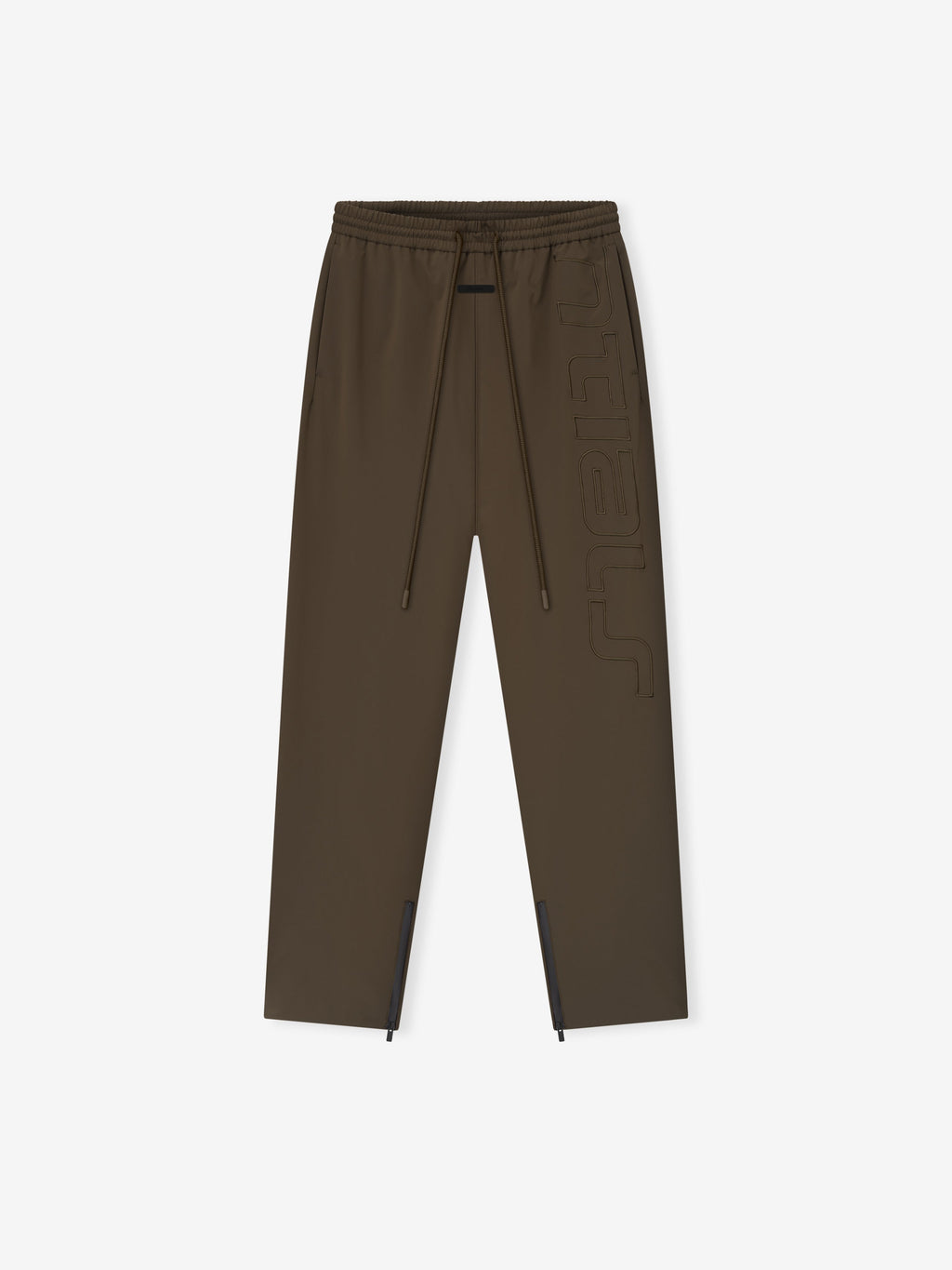 brown polyester women's track pants with relaxed fit, elastic waistband, drawstring, and subtle vertical branding detail