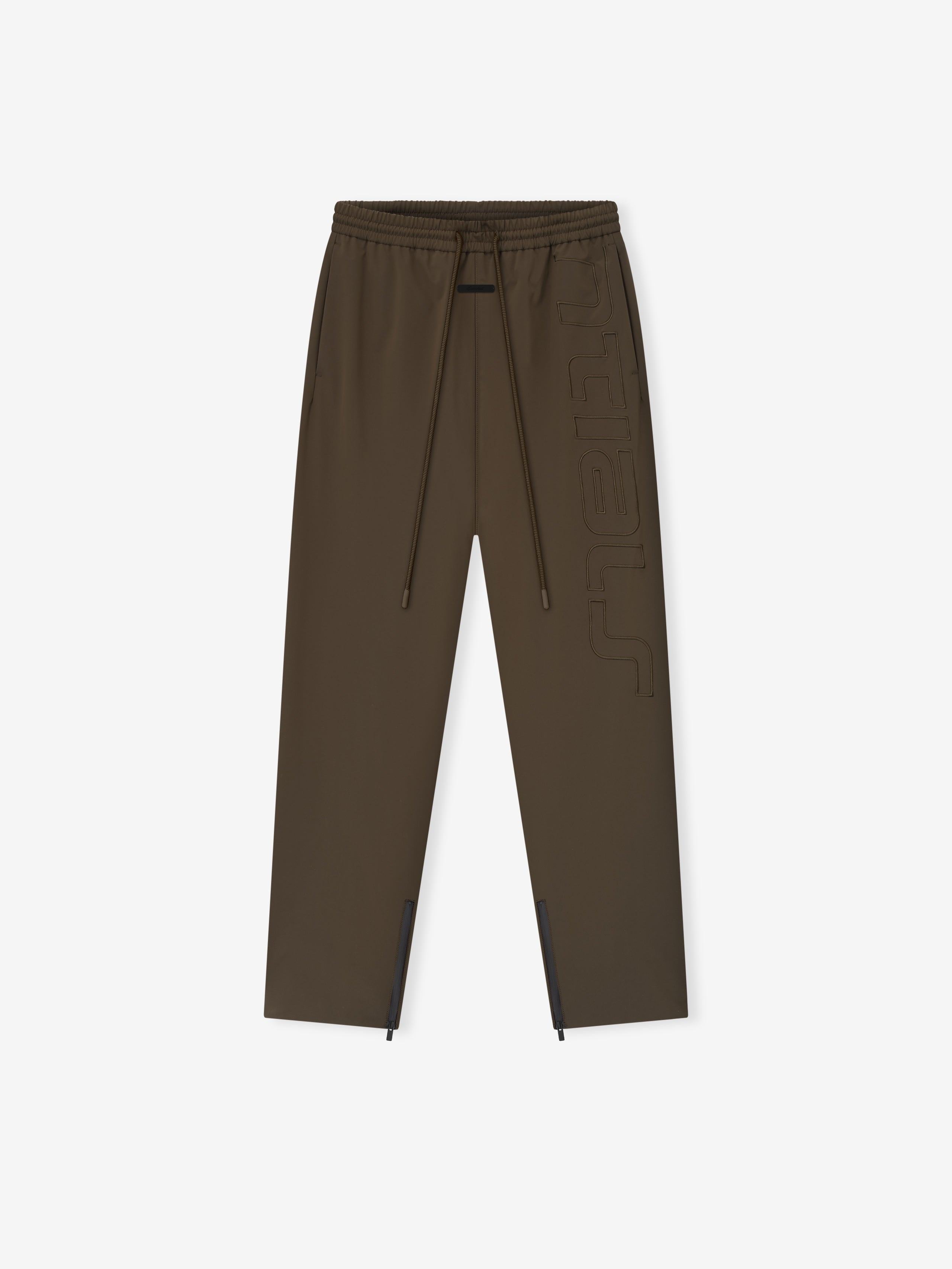 brown polyester women's track pants with relaxed fit, elastic waistband, drawstring, and subtle vertical branding detail