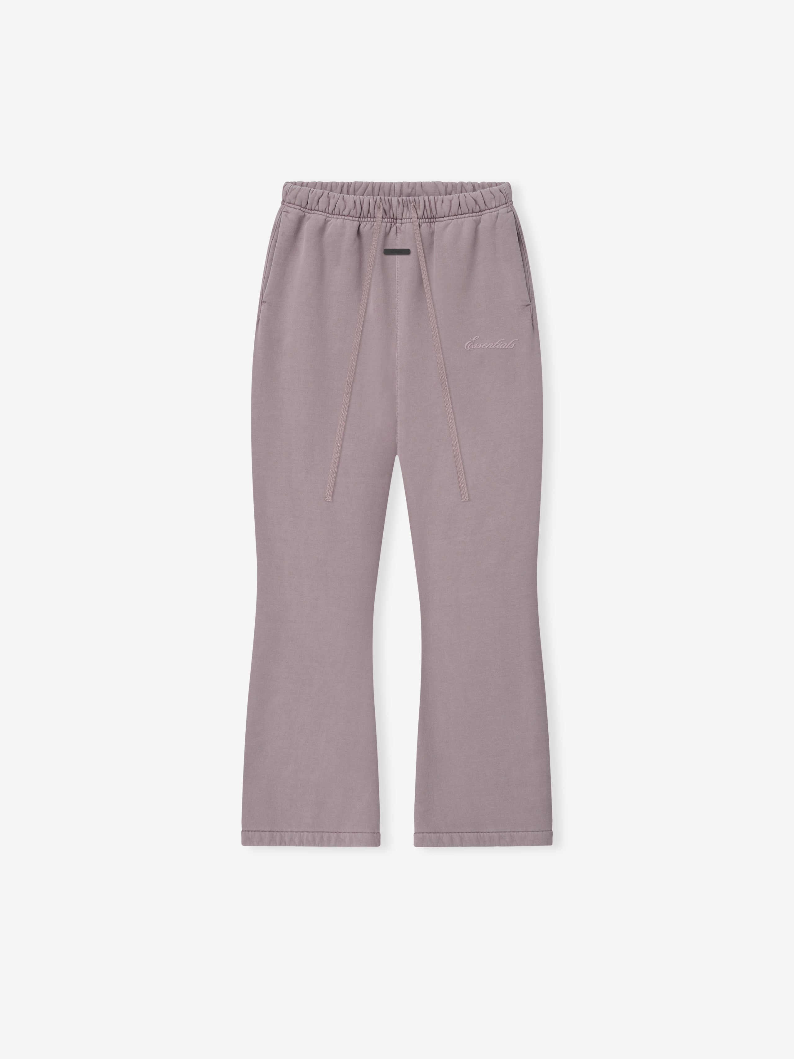 Womens Signature Classic Flare Sweatpant in faded mauve with a relaxed fit, elastic waistband, drawstring ties, side pockets, and subtle embroidered branding on the hip.