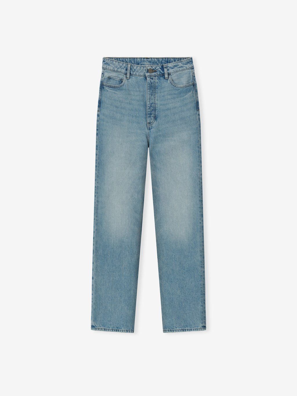 Light blue straight-leg jeans with classic five-pocket design and button fly closure on a white background