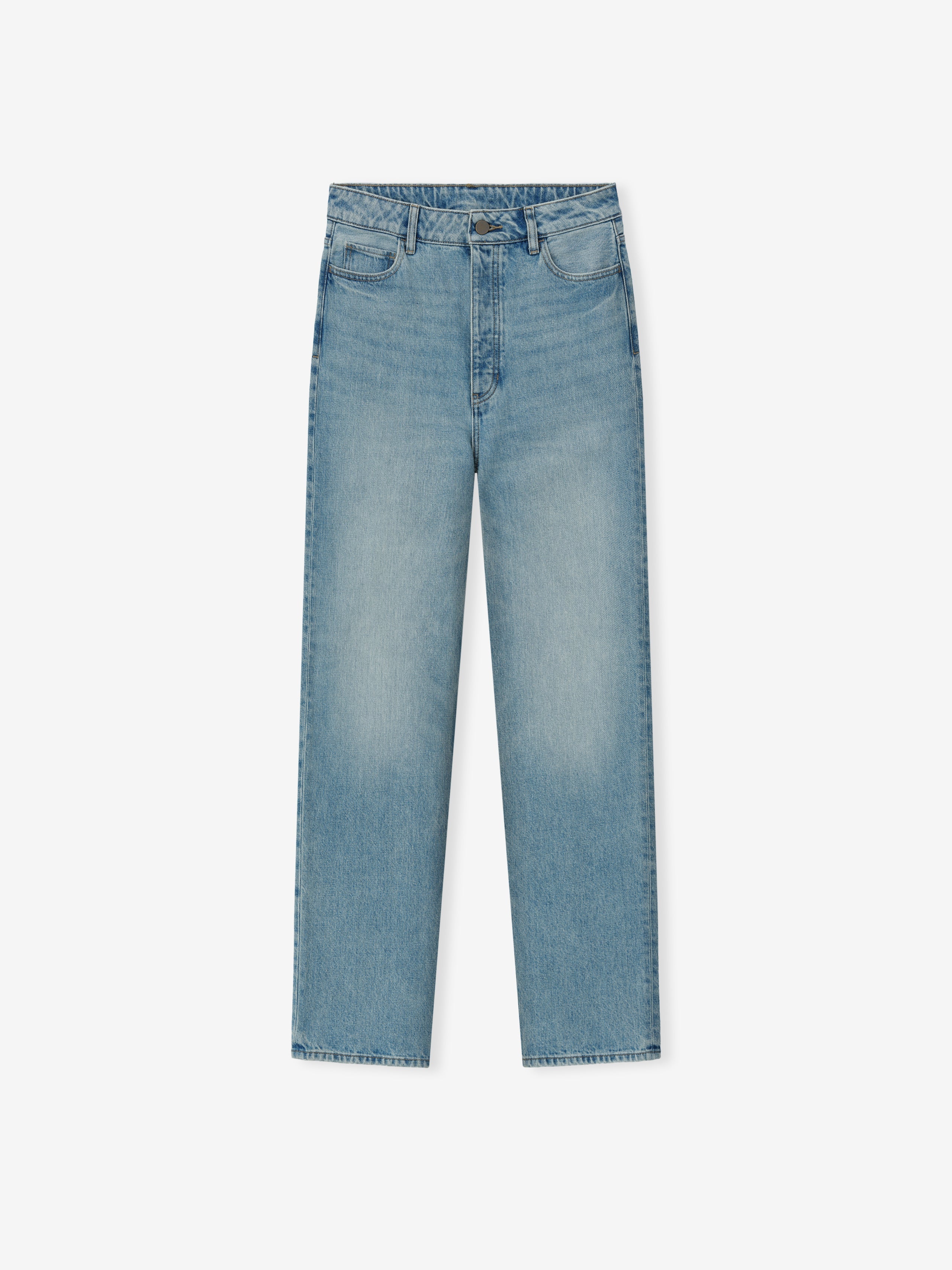 Light blue straight-leg jeans with classic five-pocket design and button fly closure on a white background