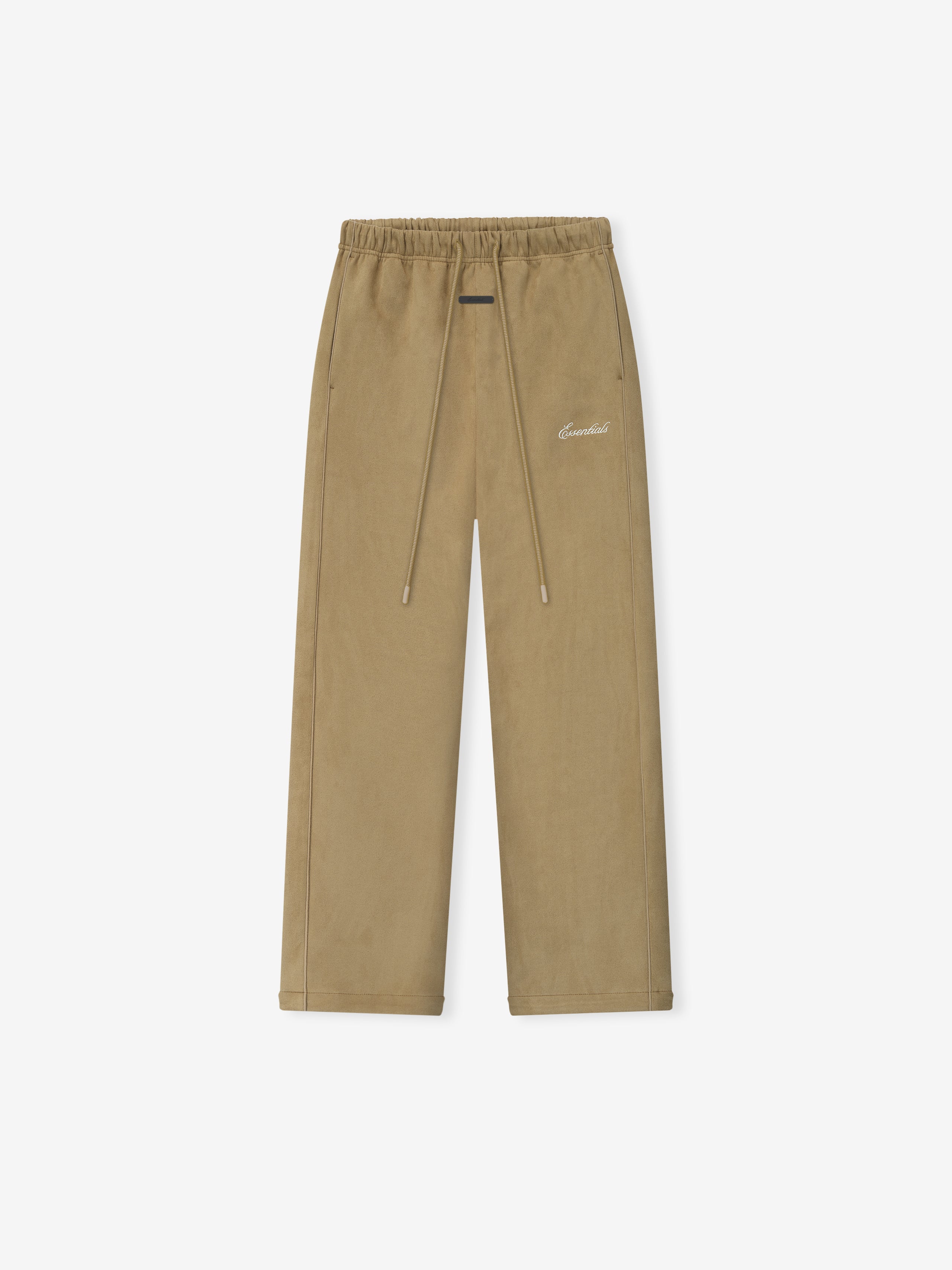 Beige sweatpants with a brand logo on a white background