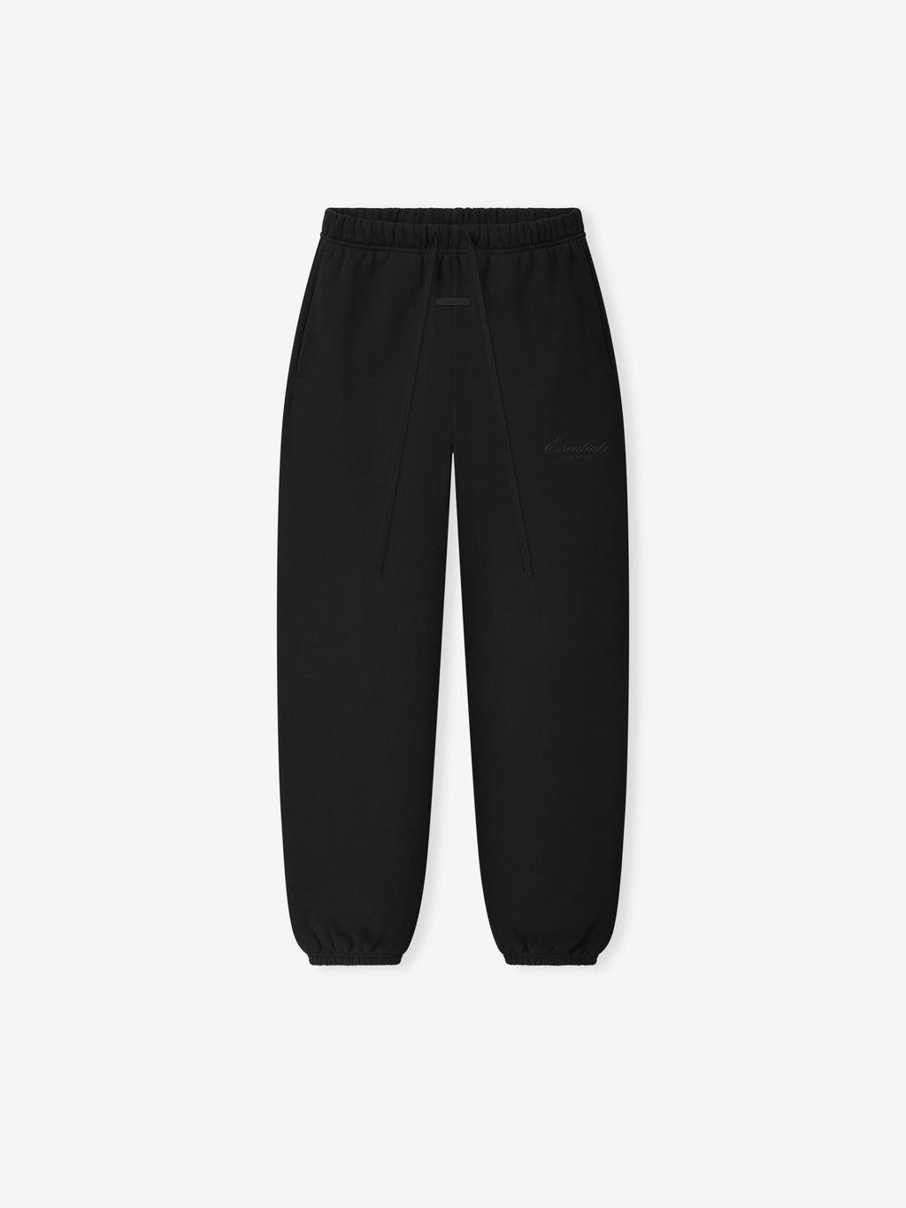 black women's vintage core fleece sweatpants with tapered leg, elastic cuffs, and embroidered Essentials Fear of God logo