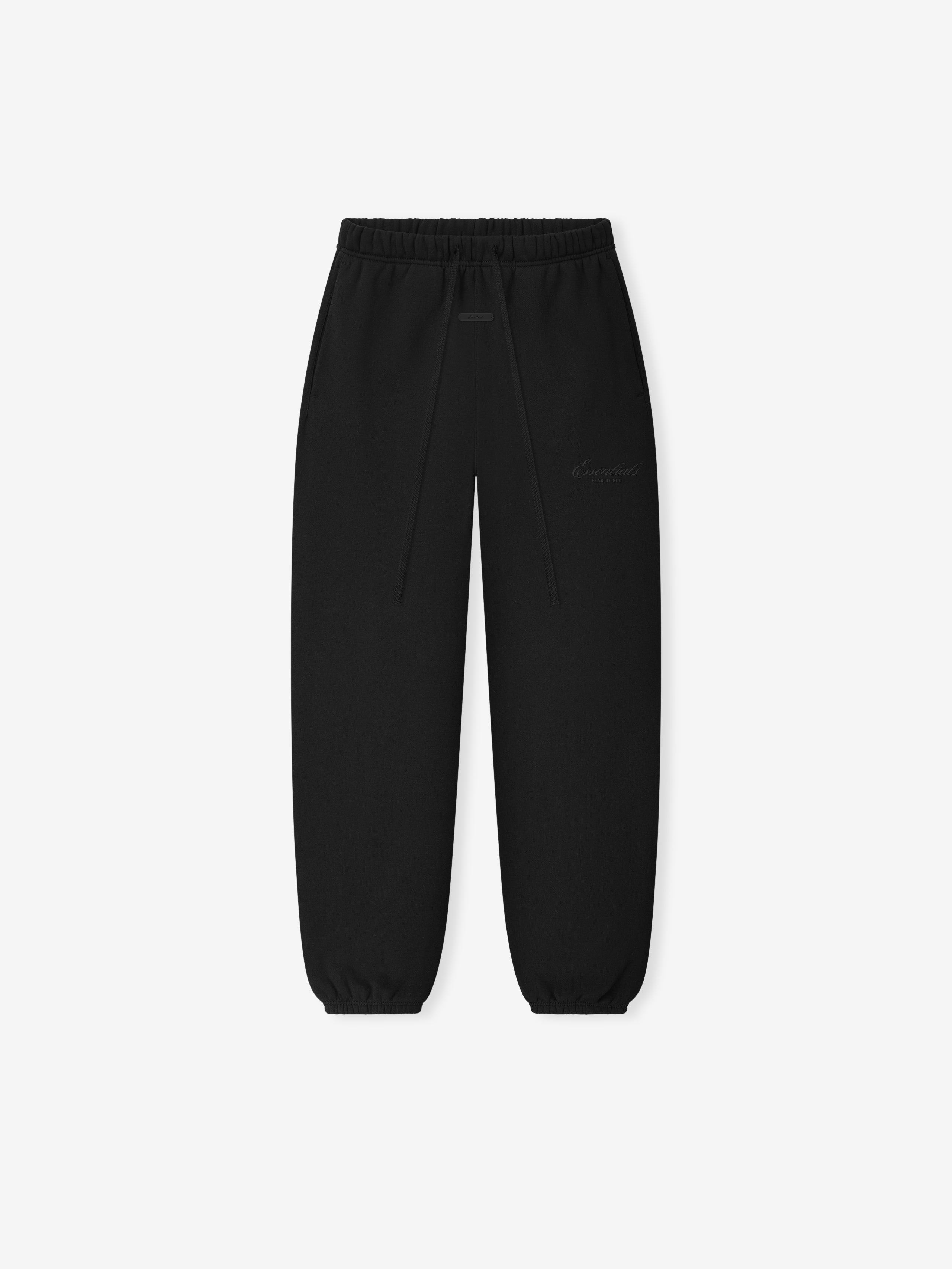 black women's vintage core fleece sweatpants with tapered leg, elastic cuffs, and embroidered Essentials Fear of God logo