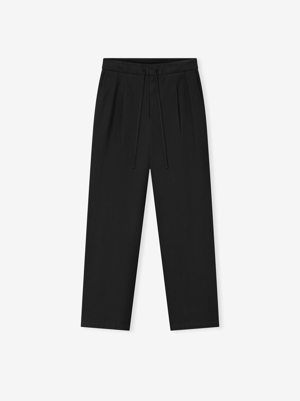 black cotton canvas pants with relaxed leg, front pleat detailing, side pockets, and elastic waistband with drawstring