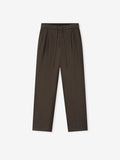 Front view of dark brown straight-leg pants with pleats, drawstring waistband, and clean hems on a white background