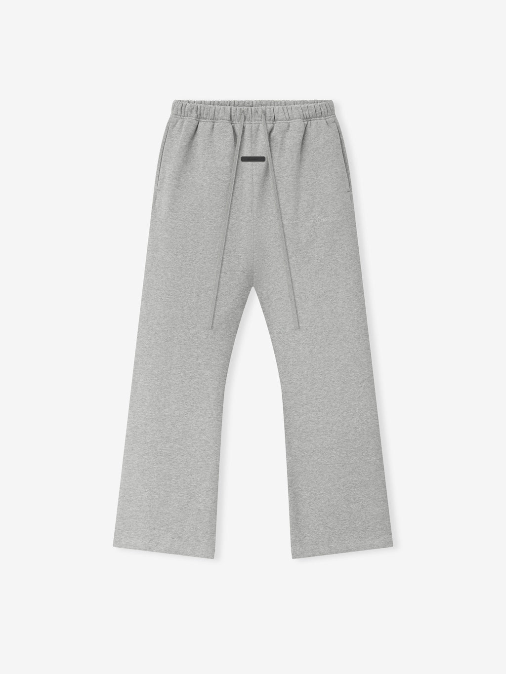 grey flared sweatpants with relaxed fit, elastic waistband, and signature embroidered logo on the leg
