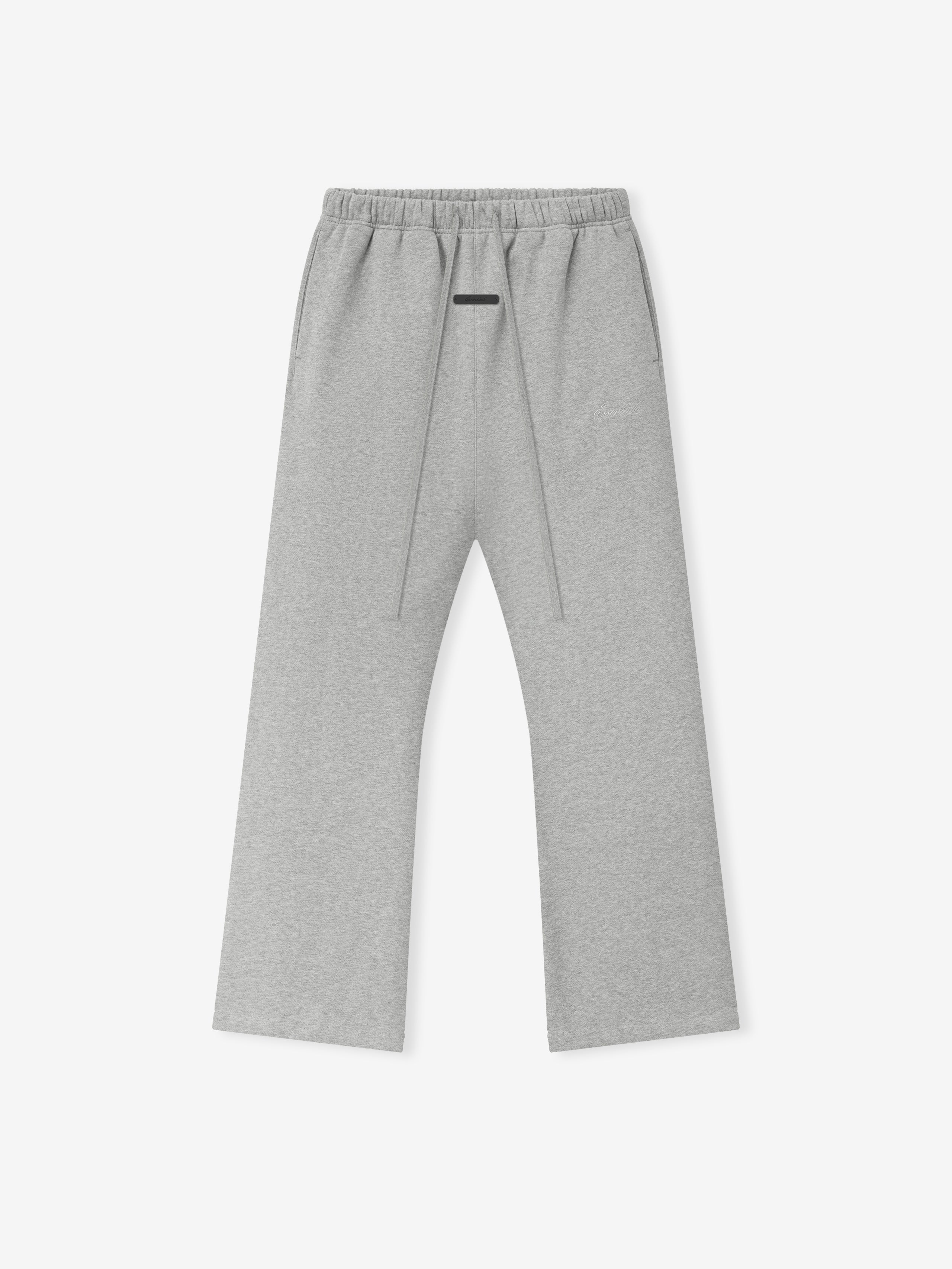 grey flared sweatpants with relaxed fit, elastic waistband, and signature embroidered logo on the leg