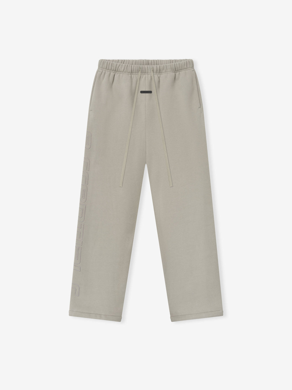 light beige relaxed fit sweatpants with elastic waistband, drawstring, and embossed logo detail down the leg