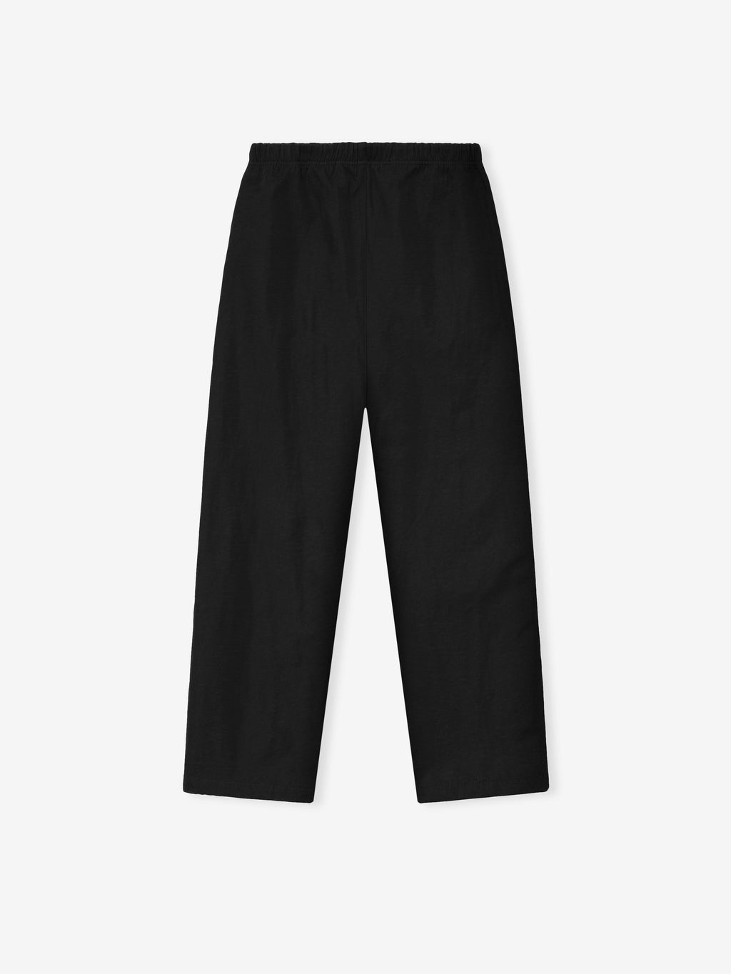 Black straight-leg pants with elastic waistband laid flat on a plain light background
