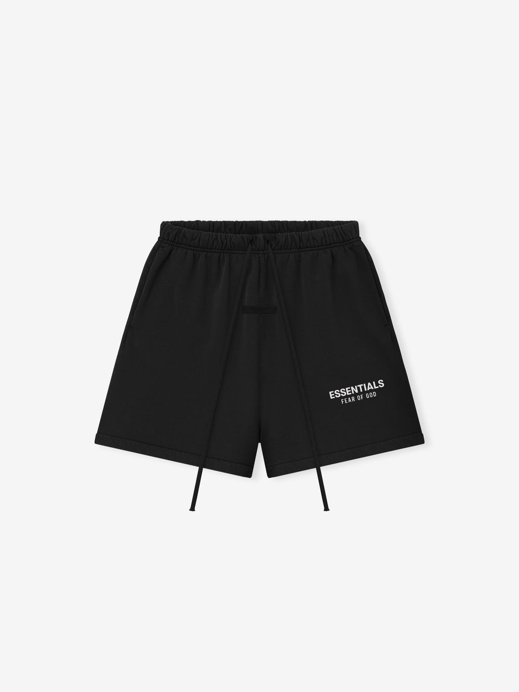 black fleece shorts with elastic waistband, adjustable drawstrings, and Essentials Fear of God logo on leg