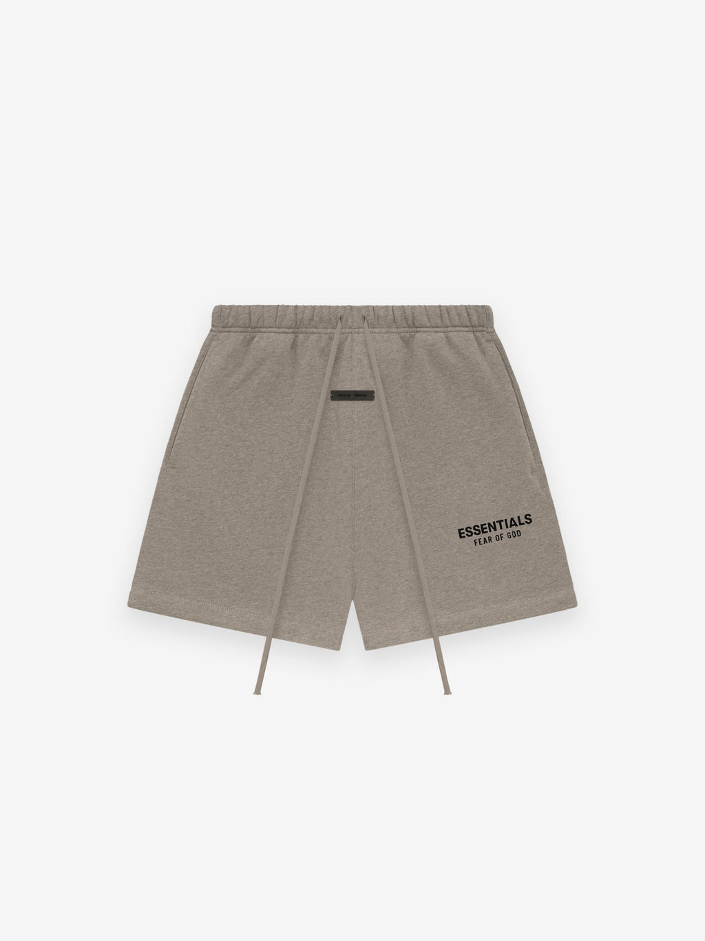 taupe Essentials sweatshorts made from thick core fleece with elastic waistband and Fear of God logo on leg