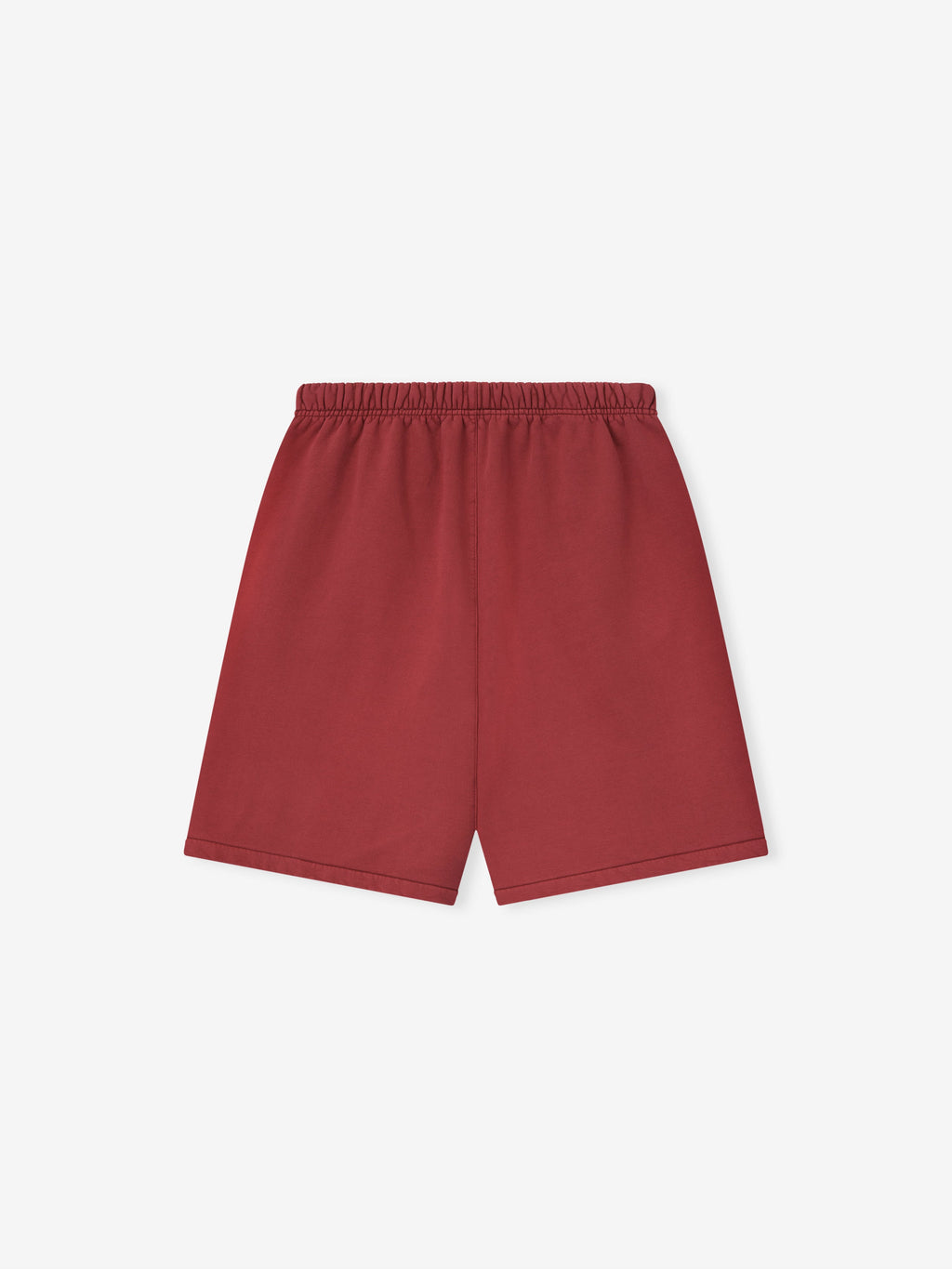 Back view of crimson relaxed sweatshorts with elastic waistband and clean hem on white background