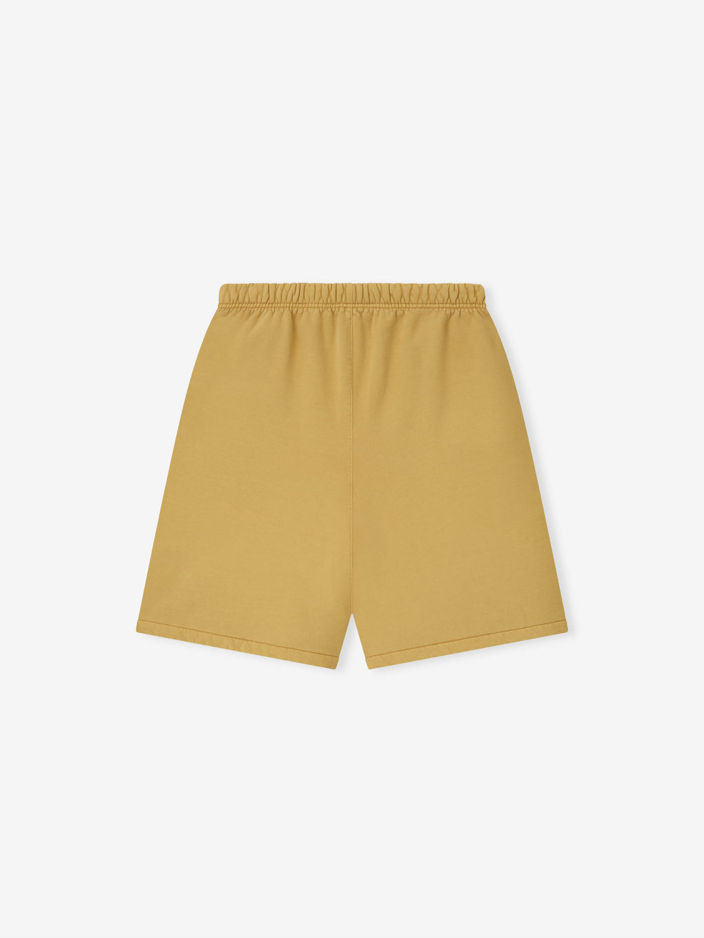 Back view of relaxed sweatshort in canyon color with elastic waistband and clean hem on white background