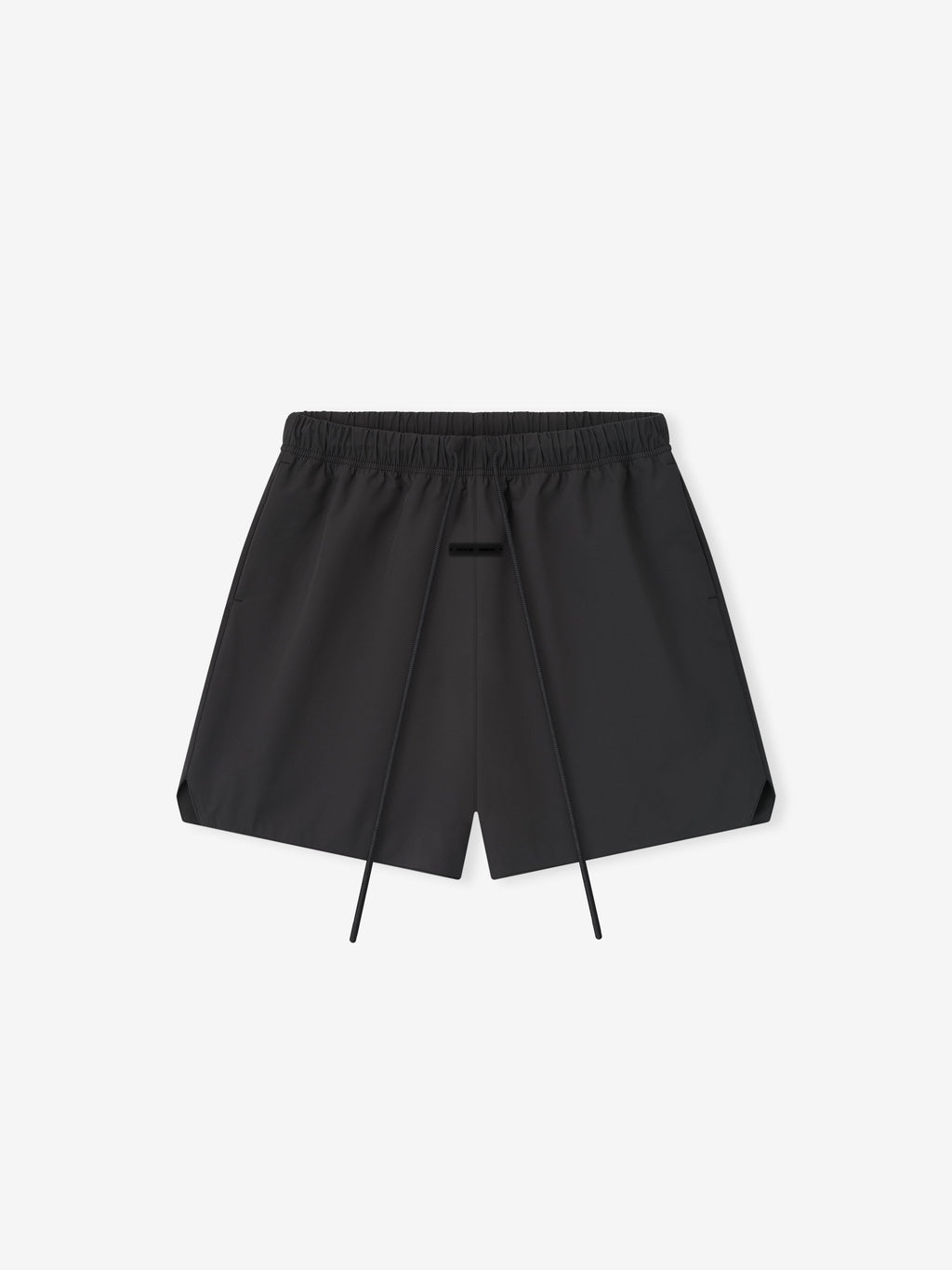 Top-down view of vintage black Tech Nylon Classic Short with extended drawstrings and elastic waistband on plain background