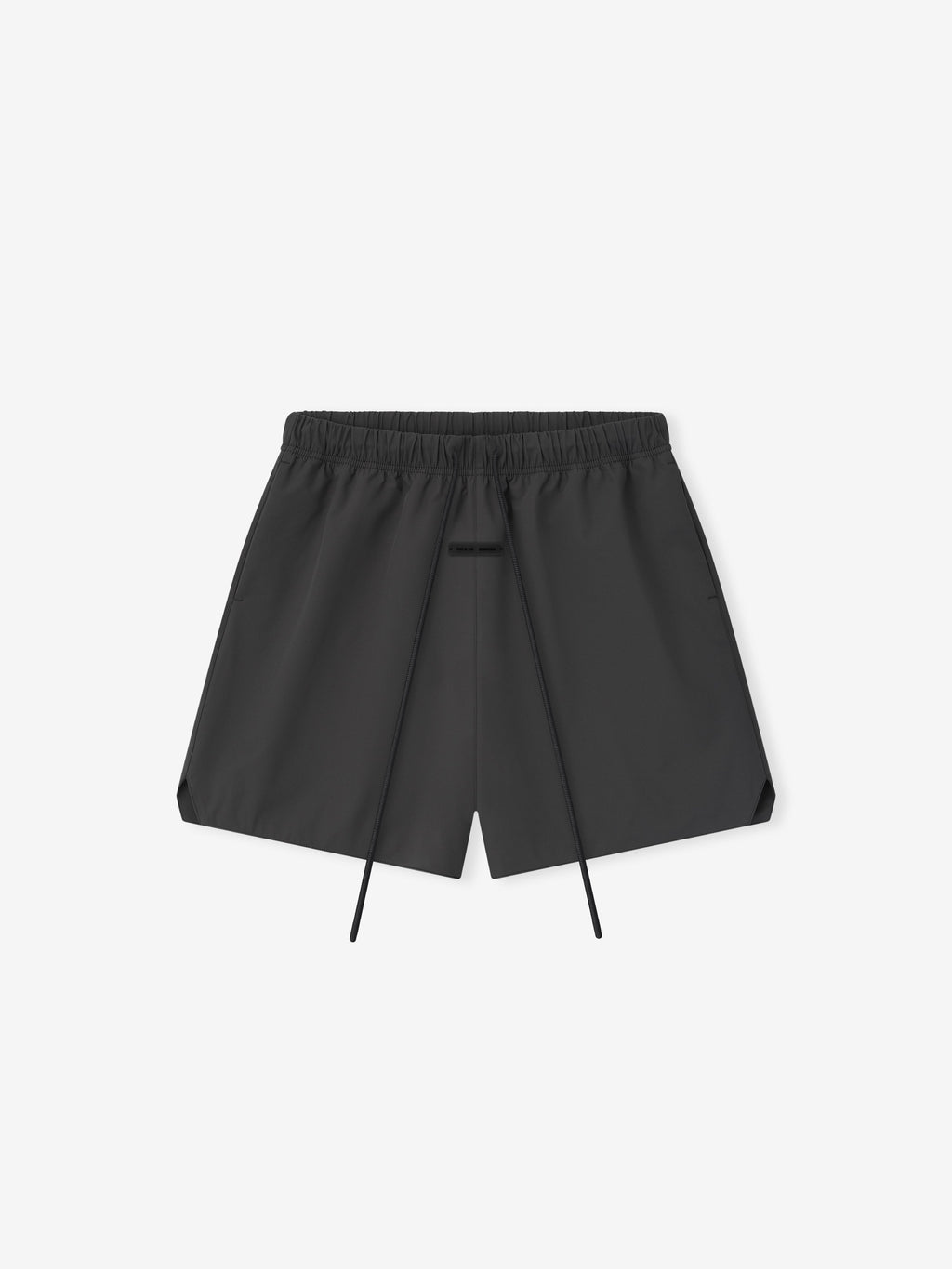 Flat lay of iron grey Tech Nylon Classic Short front view with elastic waistband and extended drawstring detail