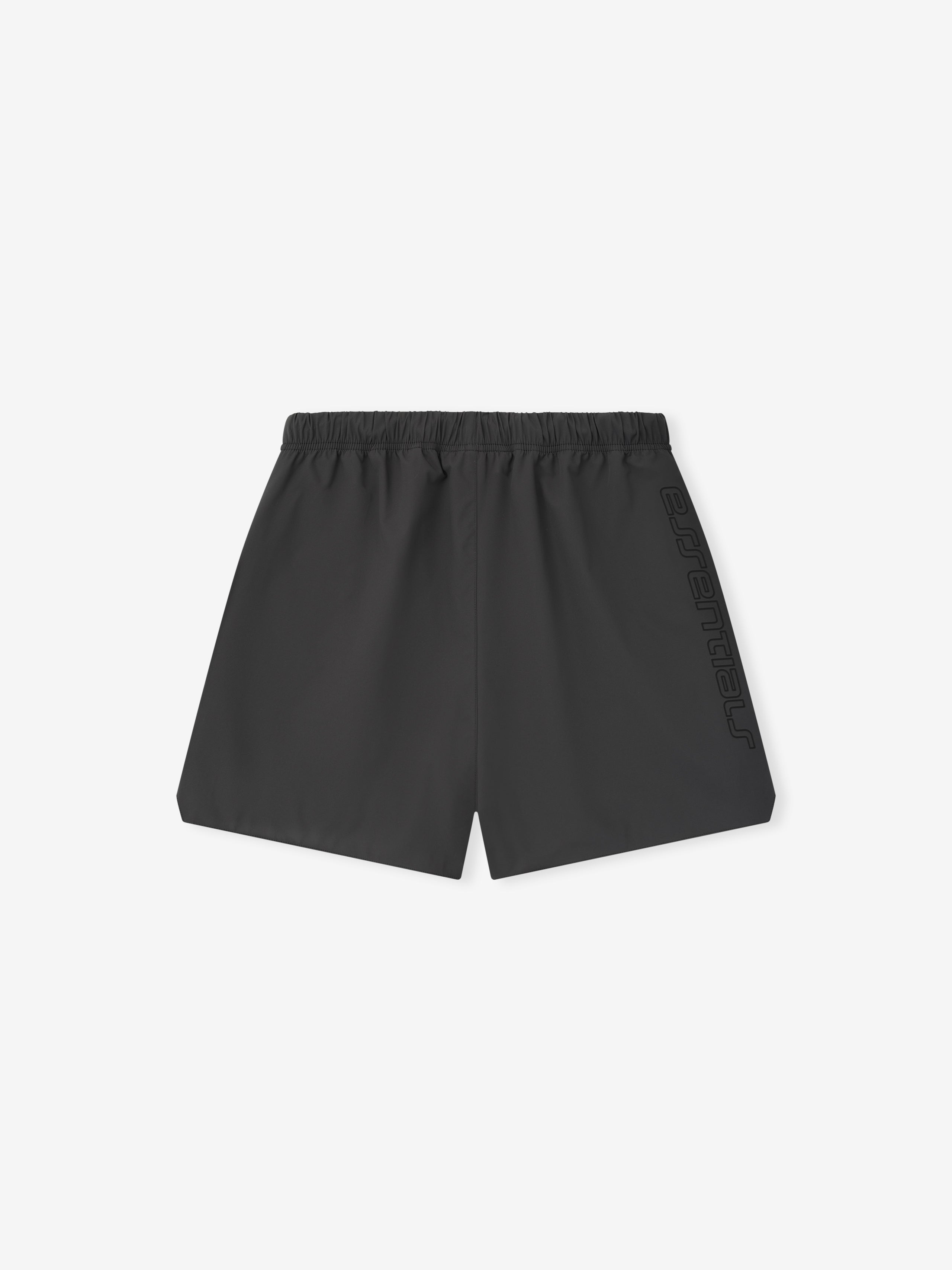Flat lay of iron grey Tech Nylon Classic Short from back with subtle tonal logo printed on side panel