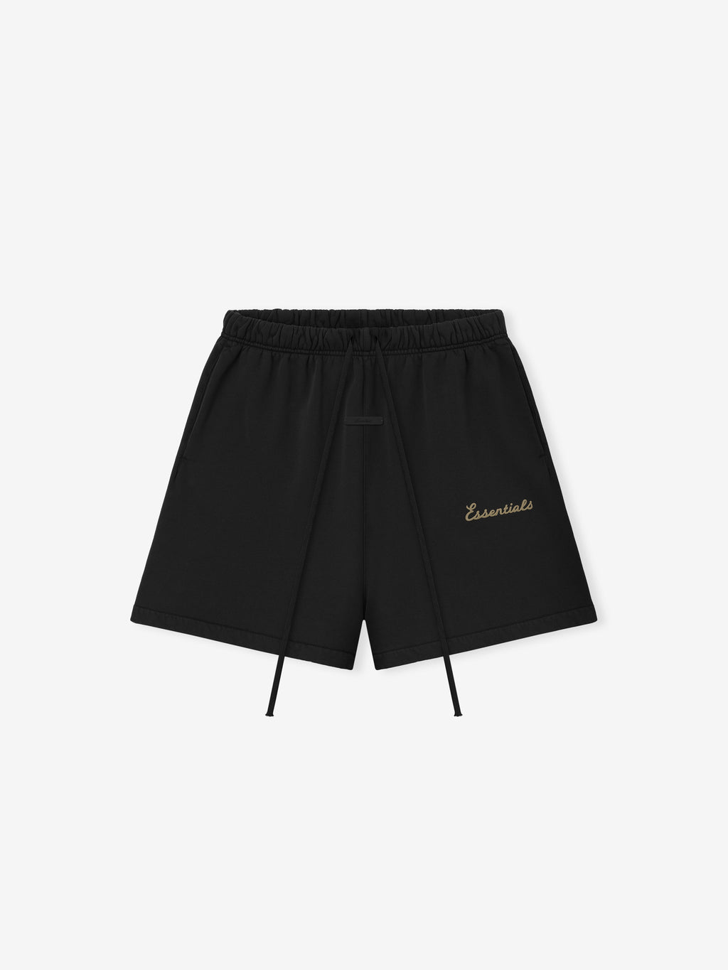 Black shorts with 'Essentials' puff print on leg on a white background