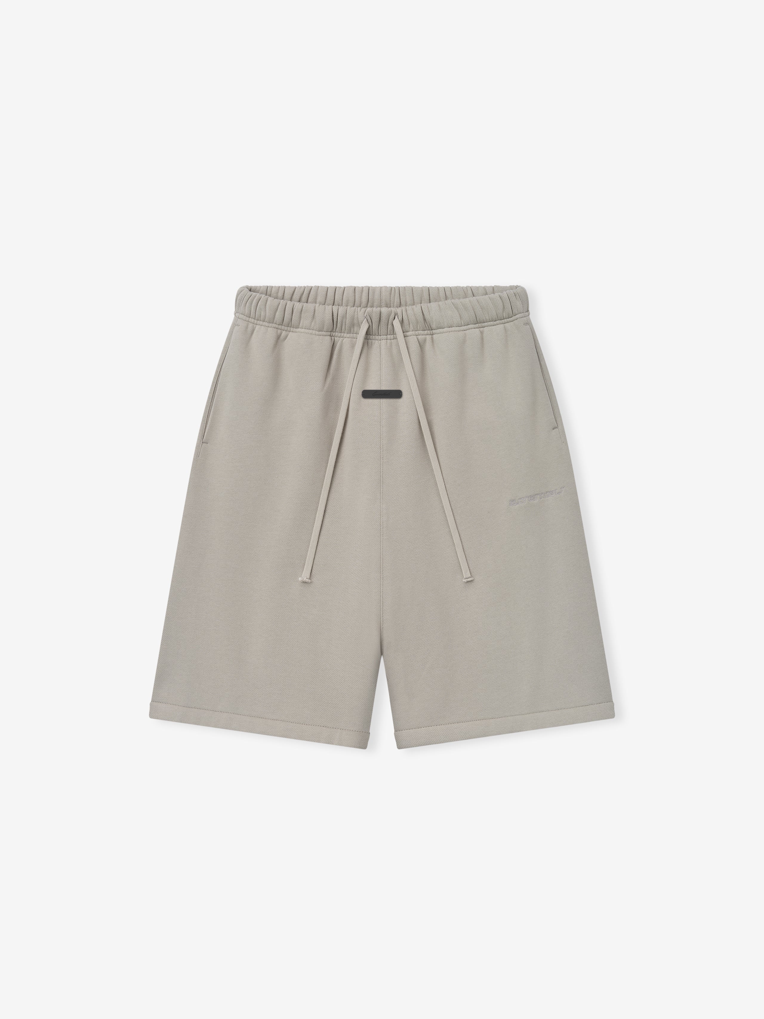 Grey shorts with a drawstring on a white background