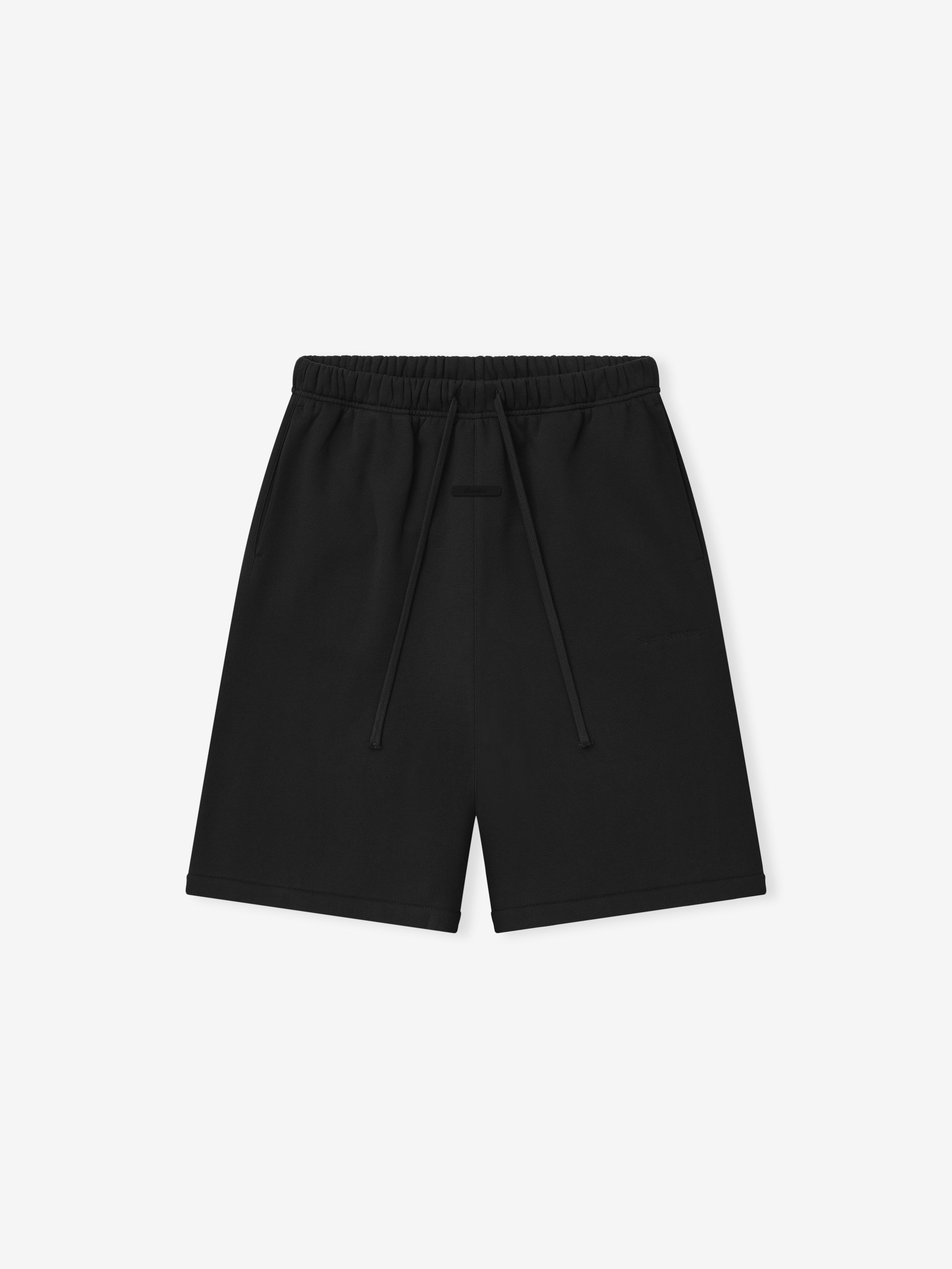 black bonded suede fleece shorts with relaxed fit, elastic waistband, drawstring closure, and extended leg length