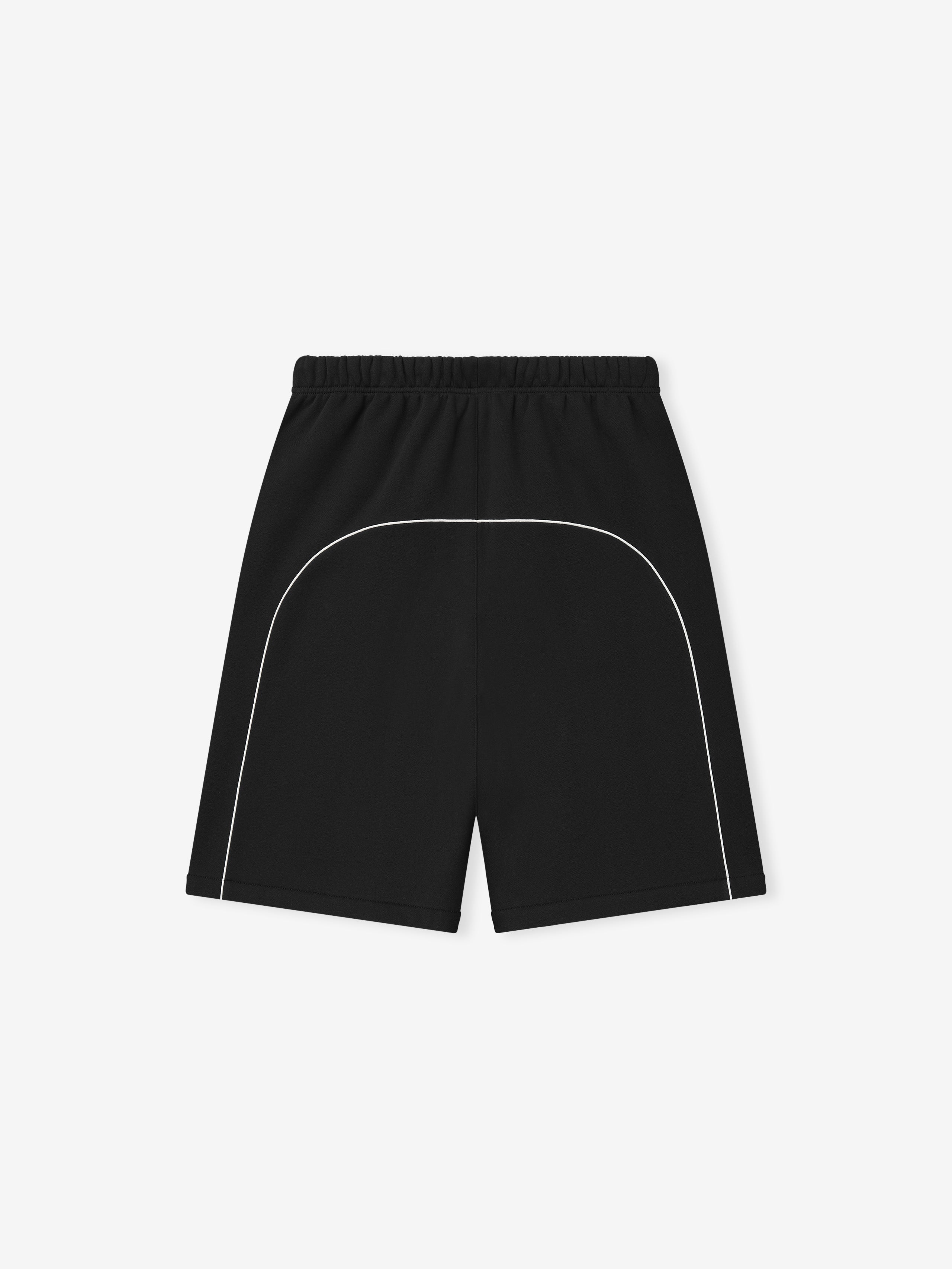 black bonded suede fleece shorts with relaxed fit, elastic waistband, and distinctive curved piping detail on back