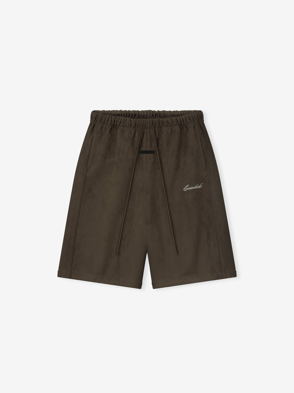 Dark brown shorts with elastic waistband, long drawstrings, and small white cursive embroidered text on front right side