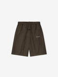 Dark brown shorts with elastic waistband, long drawstrings, and small white cursive embroidered text on front right side