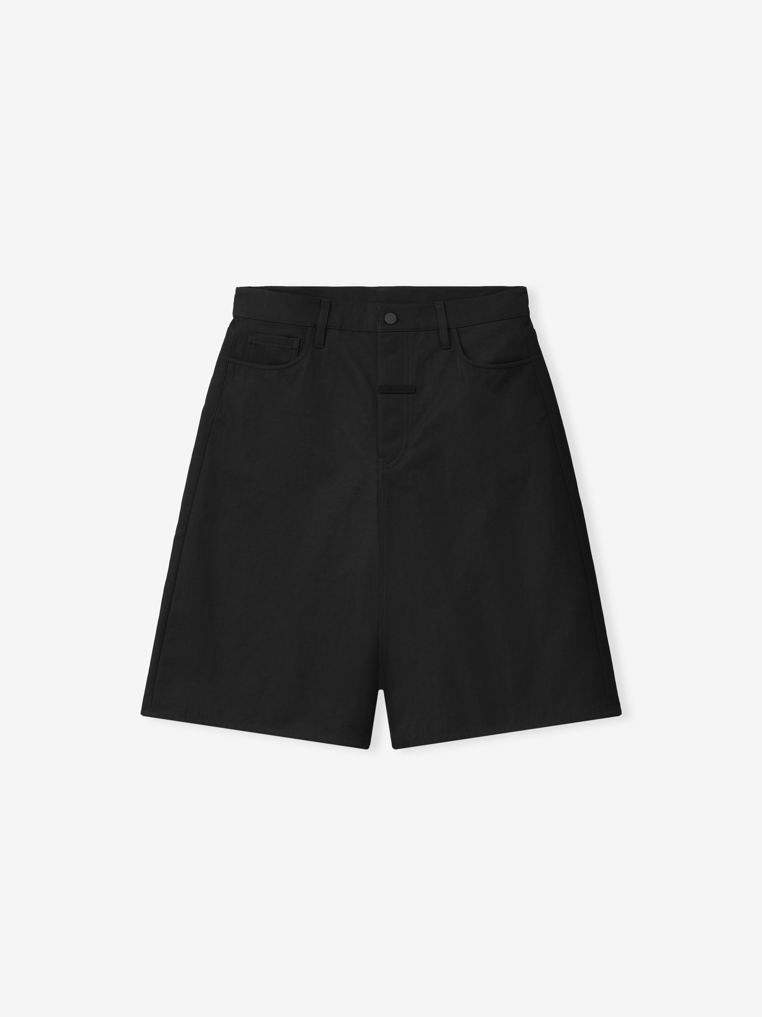 black textured nylon 5-pocket shorts with straight leg, antique brass hardware, and Essentials branded black bar detail