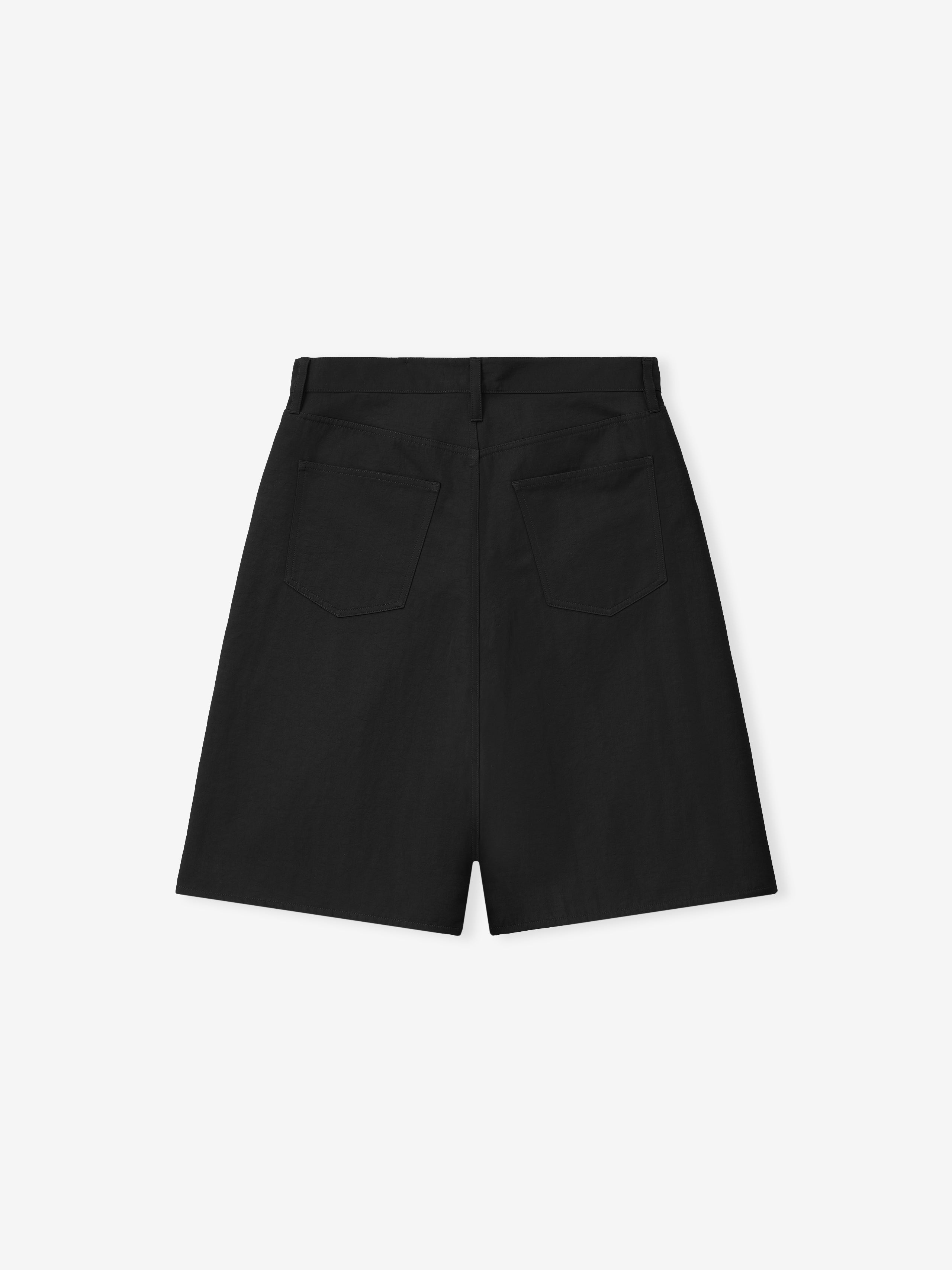 black textured nylon 5-pocket shorts with straight leg, back patch pockets, and belt loops waistband detail