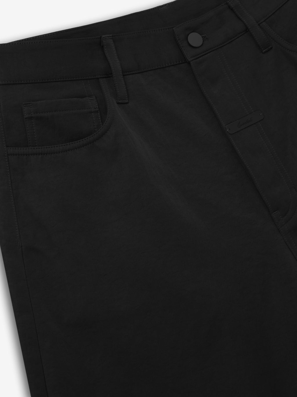 black textured nylon 5-pocket shorts with straight leg, belt loops, and matte button closure detail
