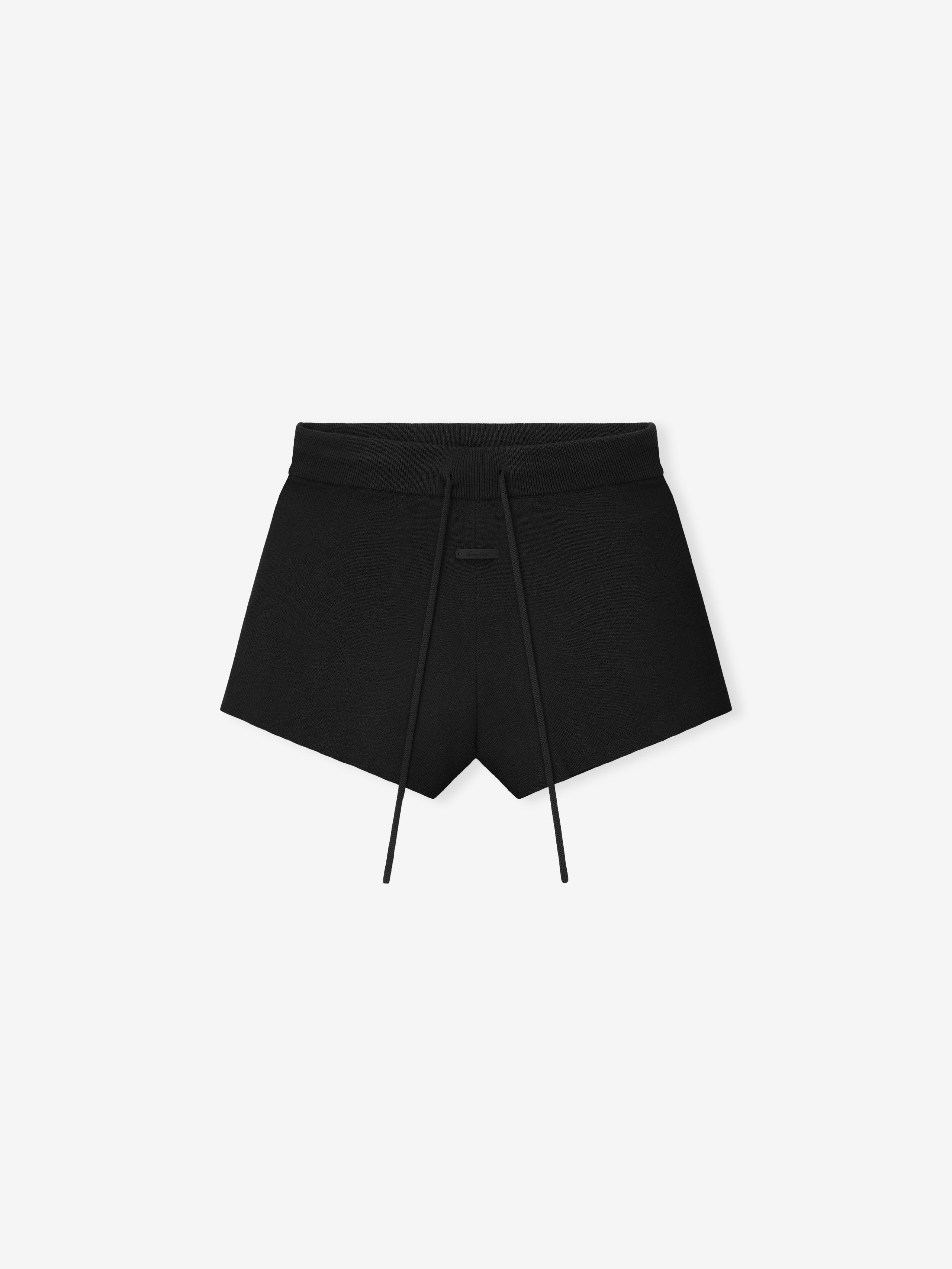 black rib-knit running shorts with relaxed fit, cropped length, and elastic waistband with drawstring closure