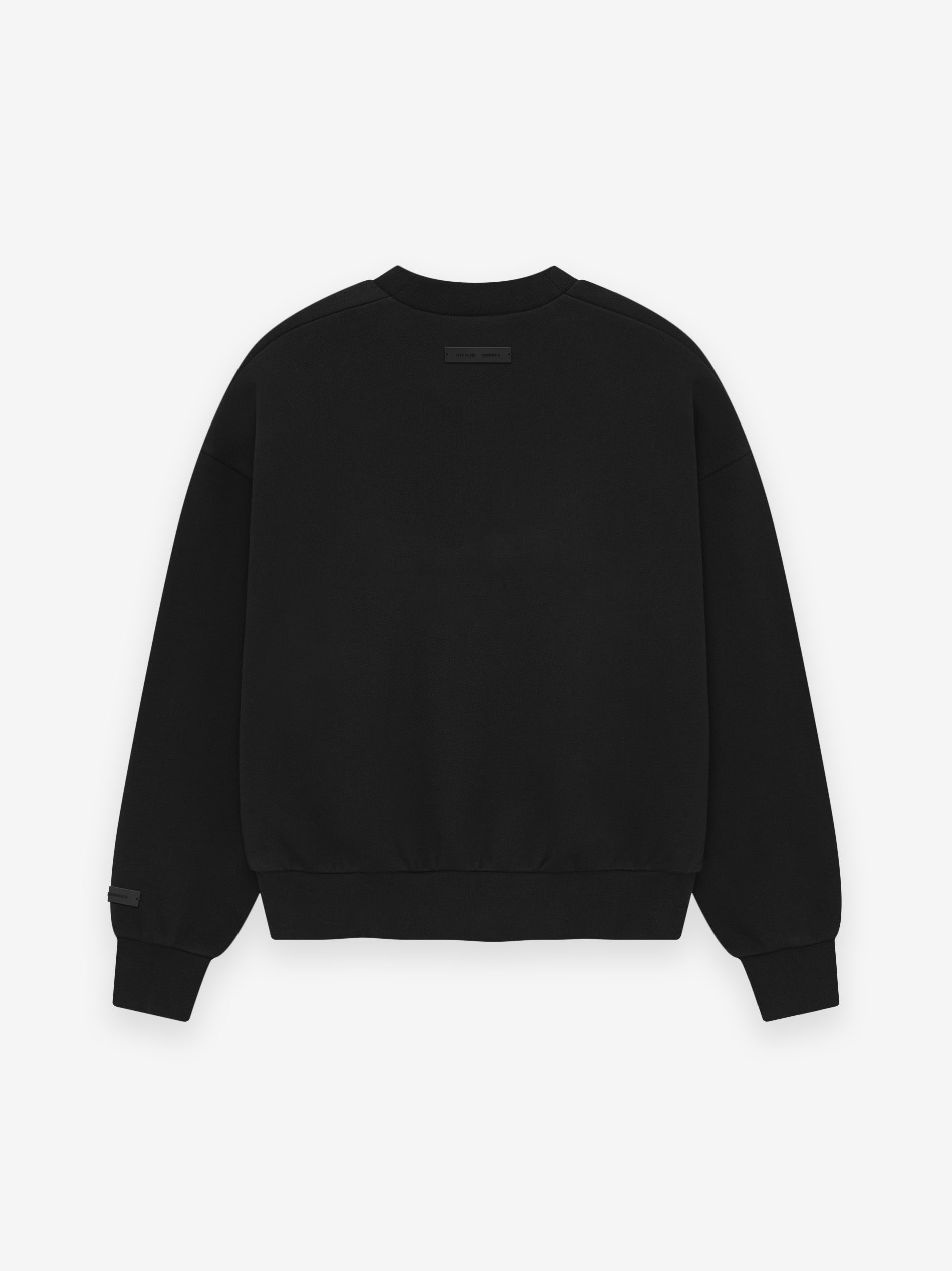 Essentials Classic Crewneck Sweatshirt -Chest Graphic in black fleece with a relaxed fit, featuring ribbed cuffs and hem and minimal branding on the back for a clean, casual look.